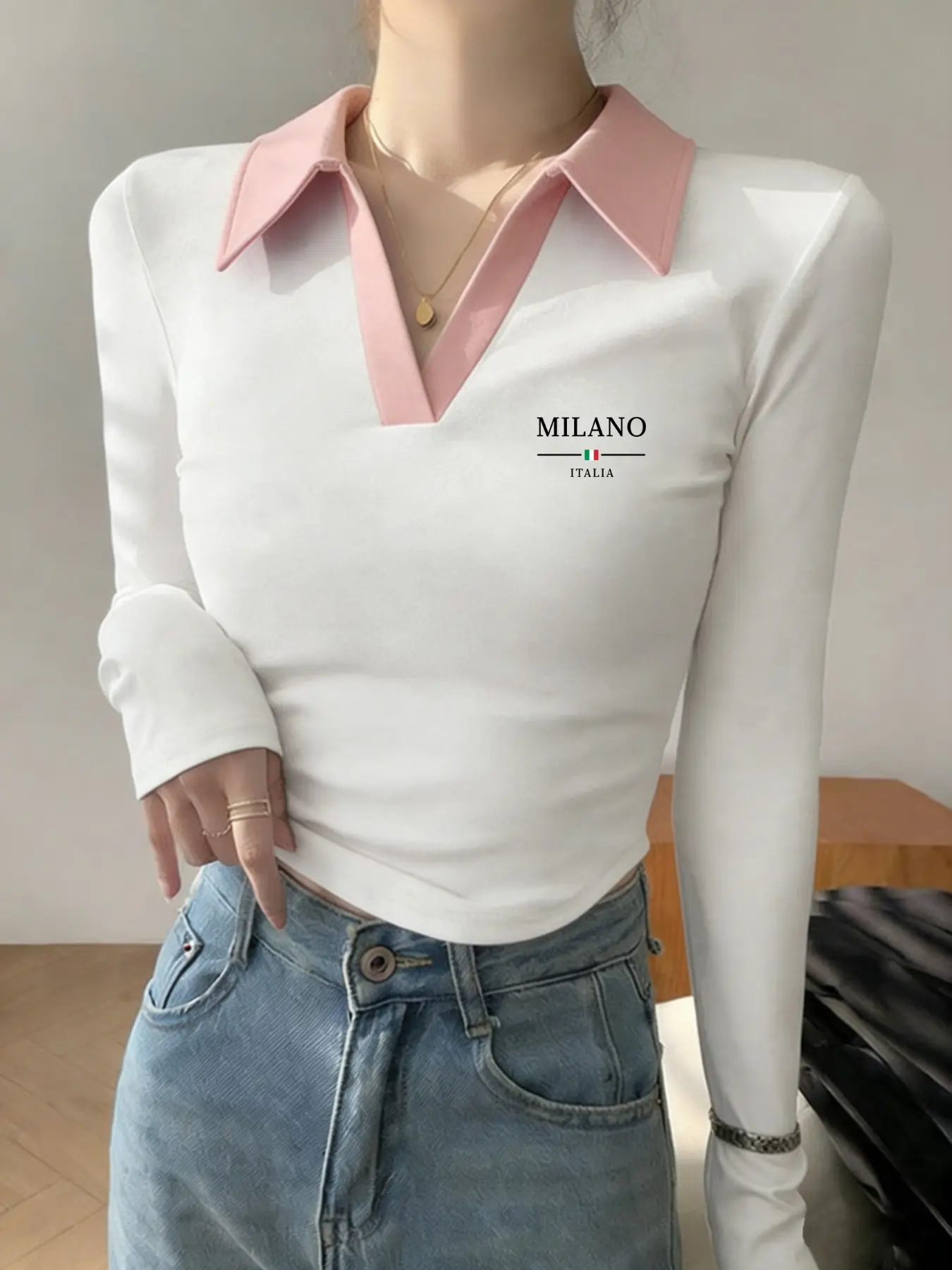 American Casual Colorblock Polo Shirt, Long Sleeve Slim Fit, Elastic Waist Design, Milan Italy Line Text Print, Women's Top