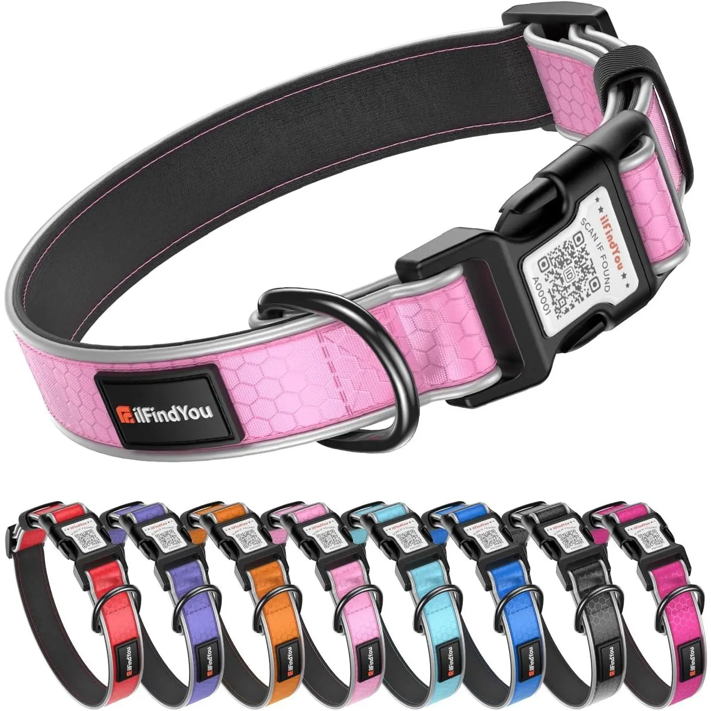 Reflective Personalized Dog Collar with QR Code Tag, Safety Night Visibility Anti-Loss Function, Pink-02 Small
