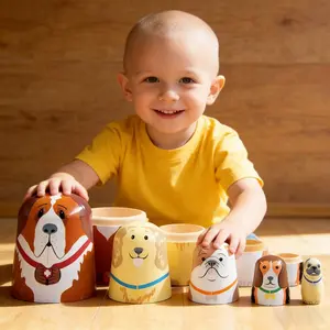 Cute dog five layer nesting doll, wooden painted cute pet ornament, a warm choice for home decoration and holiday gifts