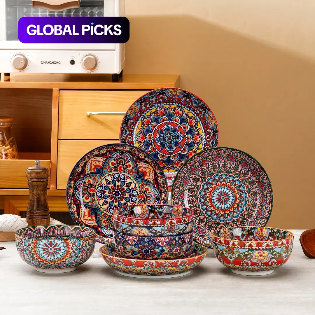 8-Piece Ceramic Tableware Set, Dishwasher & Microwave Safe, Floral Geometric Patterns, Includes Bowls and Plates, Suitable for 4 People, Dinnerware Set #GLOBAL PICKS