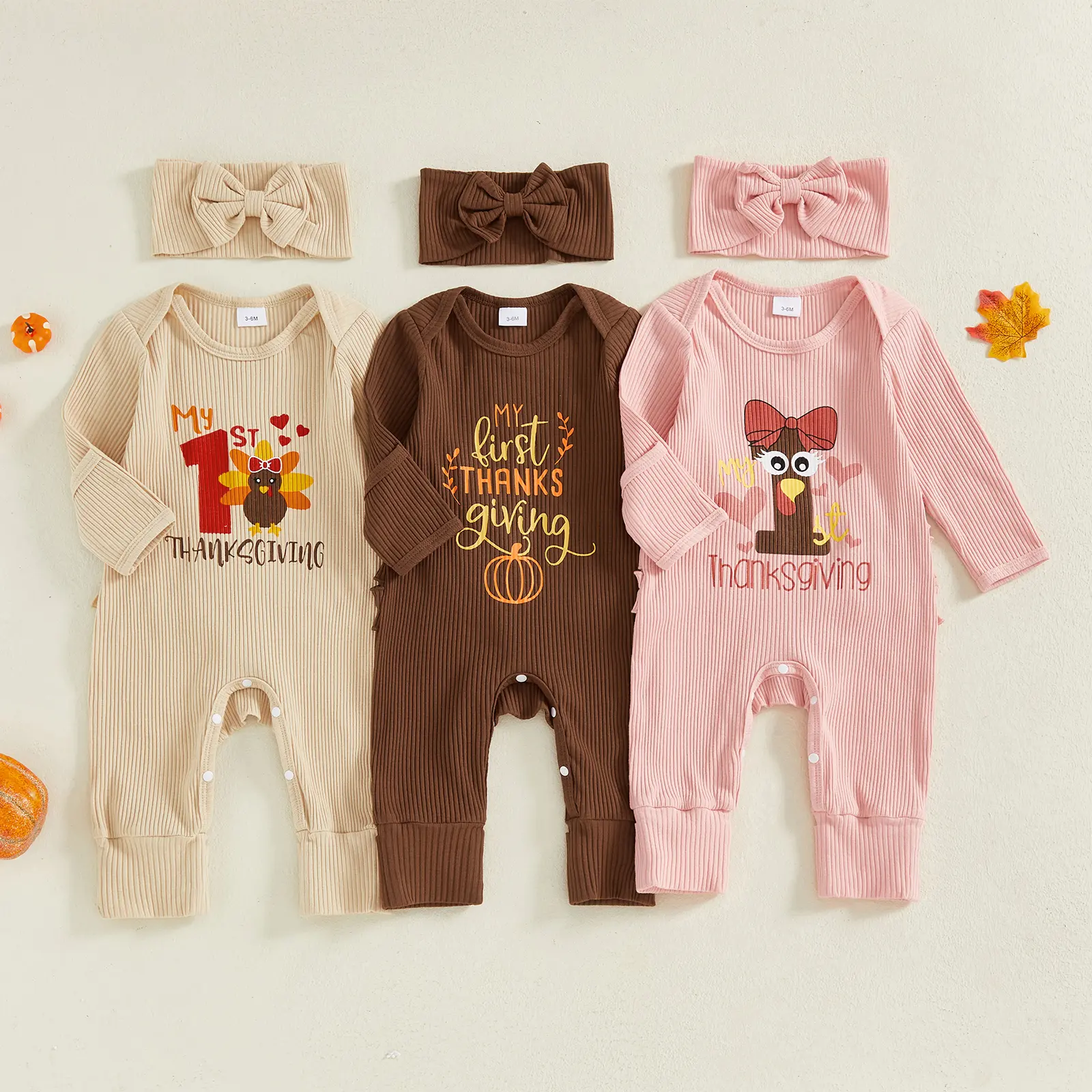 Newborn Baby Girl First Thanksgiving Outfits Long Sleeve Letter Print Romper with Headband Set Pajamas 0-6 Months
