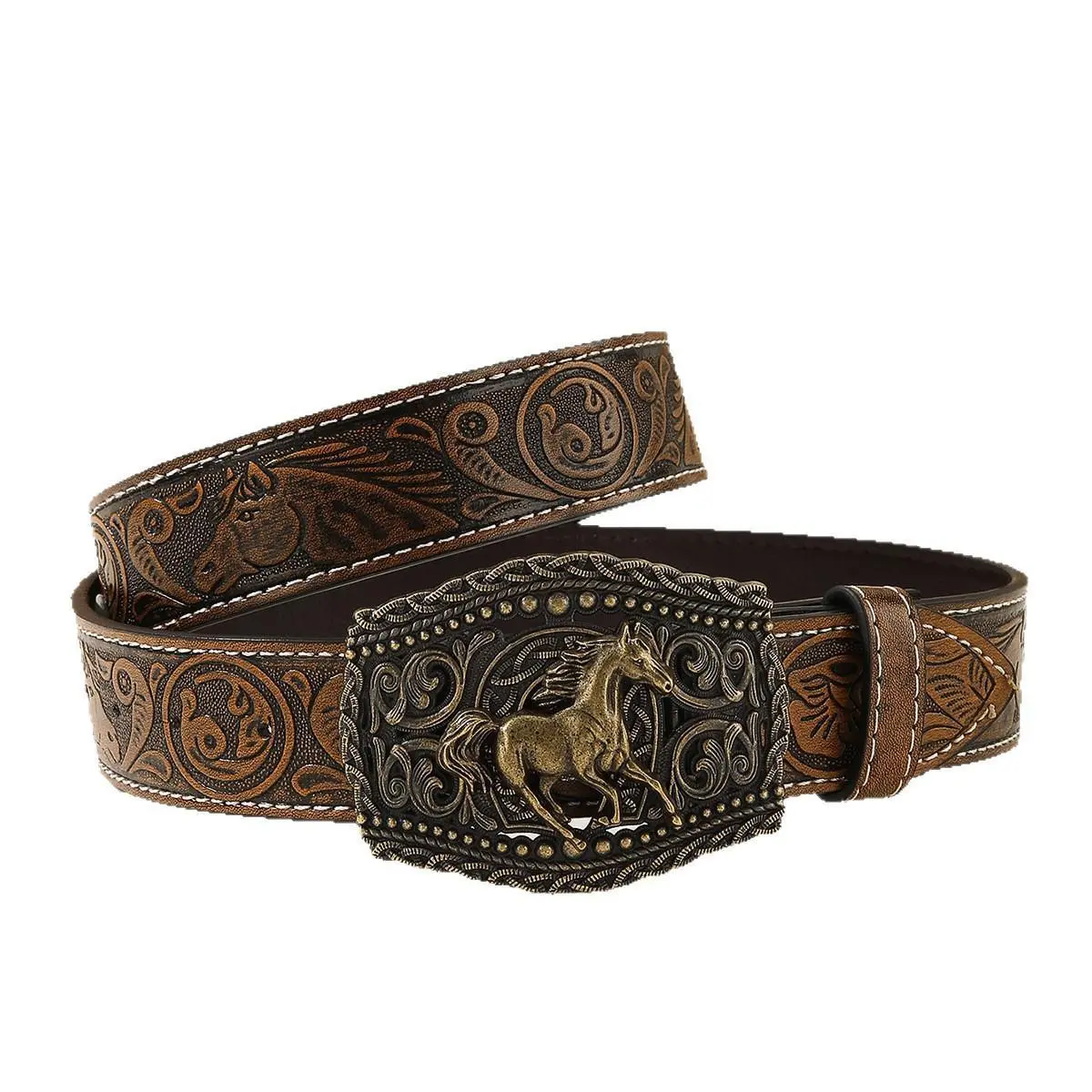Western Cowboy Belt for Men & Women, Tooled PU Material with Horse Motif, Heavy Duty with Golden Horse Western Buckle, Belts