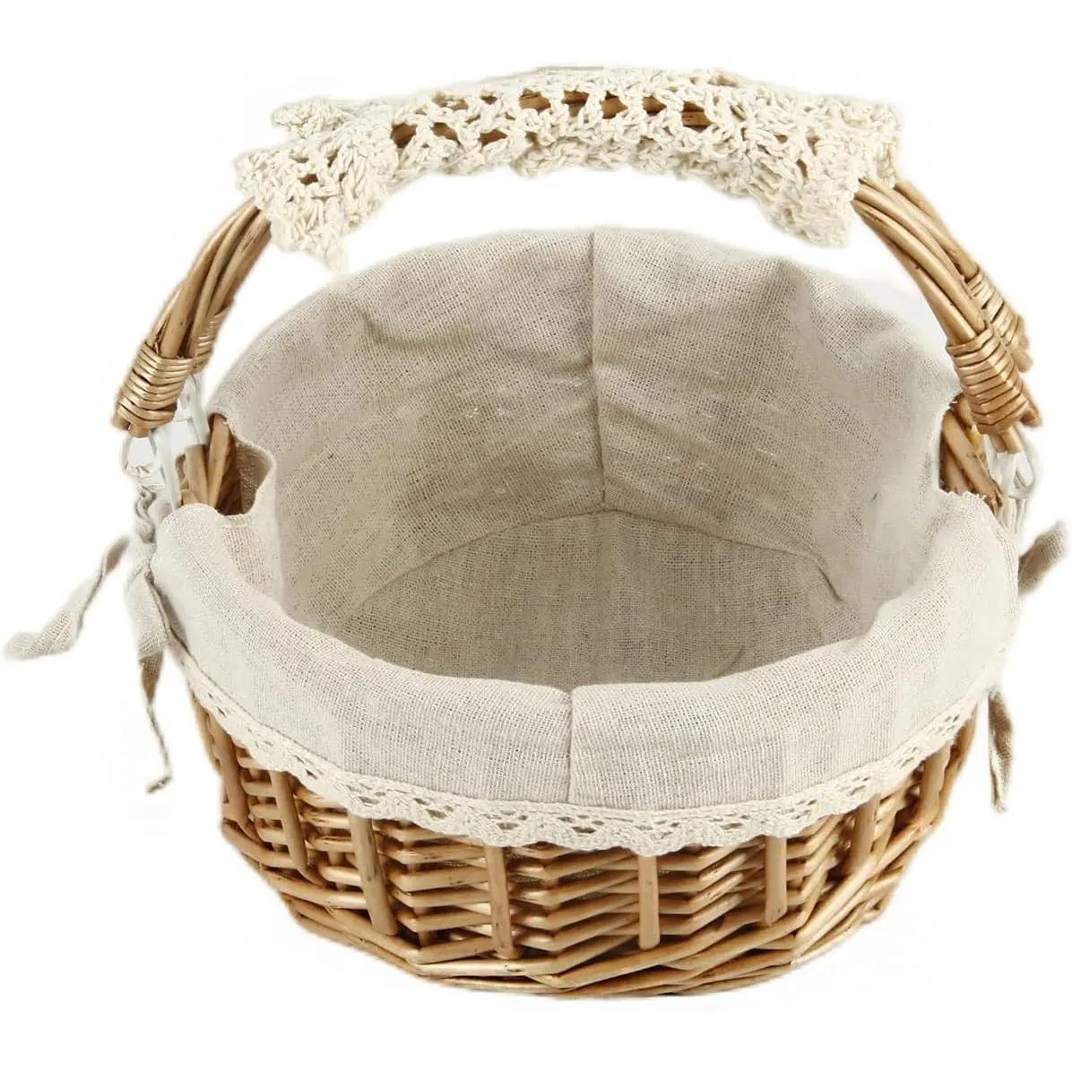 Wicker Basket with Handles, Woven Willow Storage Basket for Picnic, Decoration, Gift, Wedding (Beige Lace)