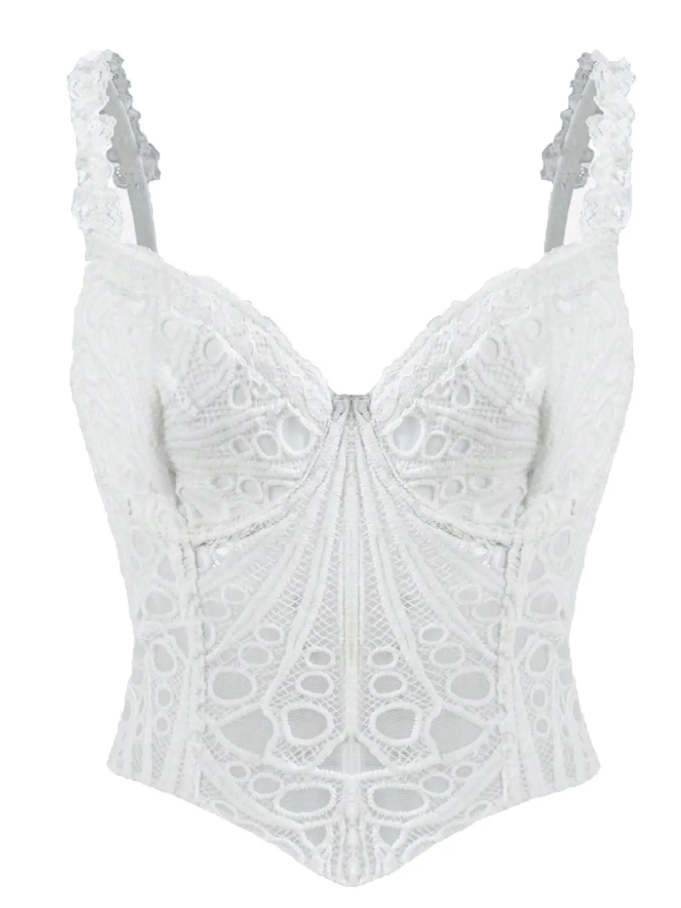 1pcs Sexy Off-The-Shoulder Lace Layered Corset Bustier Top, Hollow-Out Embroidered Bodysuit, Suitable For Vacation, Nightclub, Wedding Guest, Fall,Spaghetti Strap Top