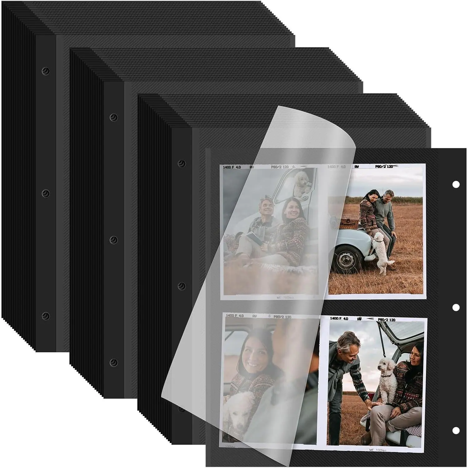 60 Sheets/120 Pages Photo Album Pages for 3 Ring Binder, Black Self Adhesive Scrapbooking Album Refill Pages  Photo Album Sheets for 2x3 4x6 5x7 8x10 Photo or Cards, 11 x 9 Inch