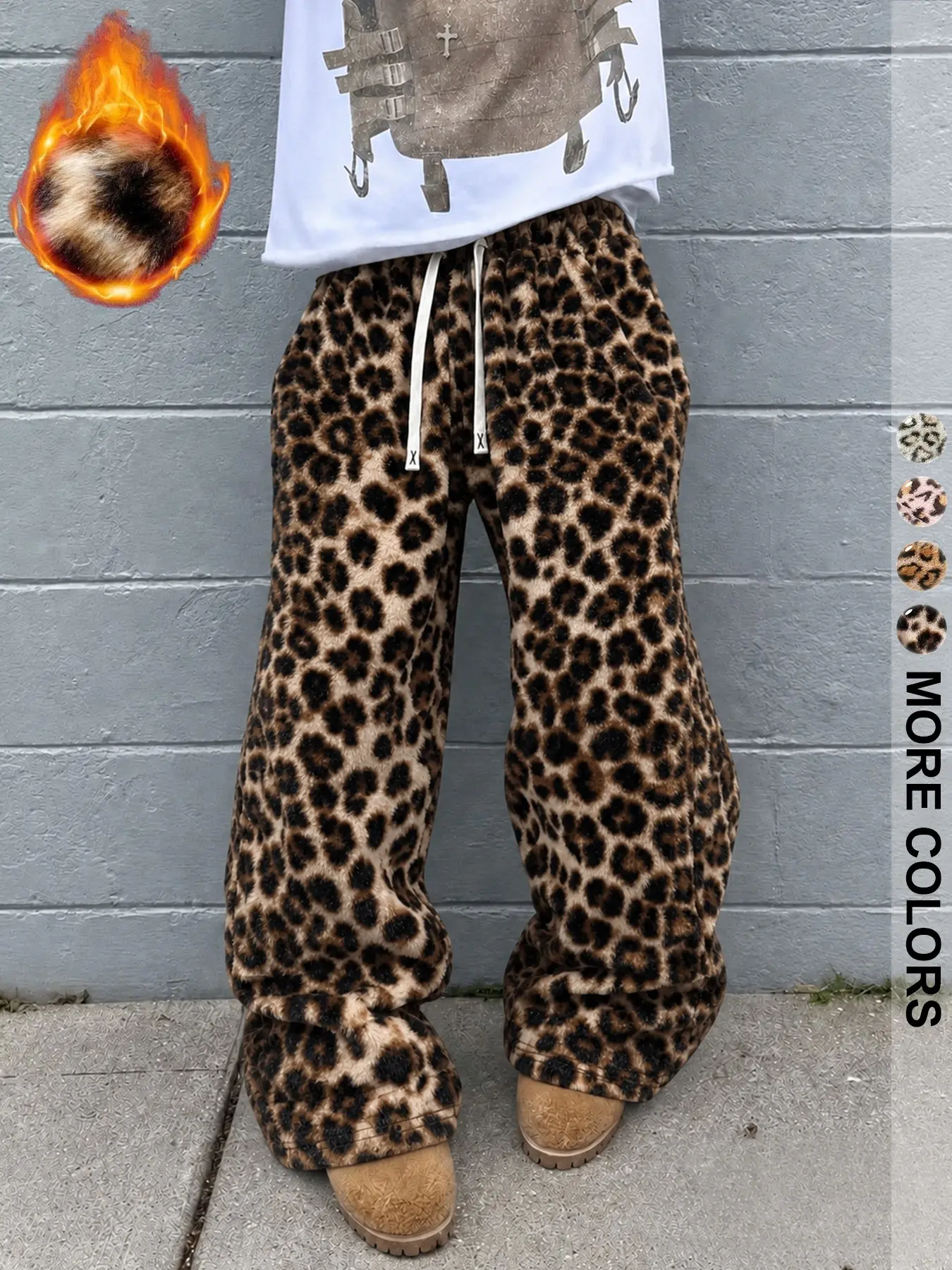 Men's Leopard Print Loose Pants, Street Style Winter Fleece Sports Pants, Multiple Options, Elastic Waist Wide Leg Knit Jumpsuit, Casual