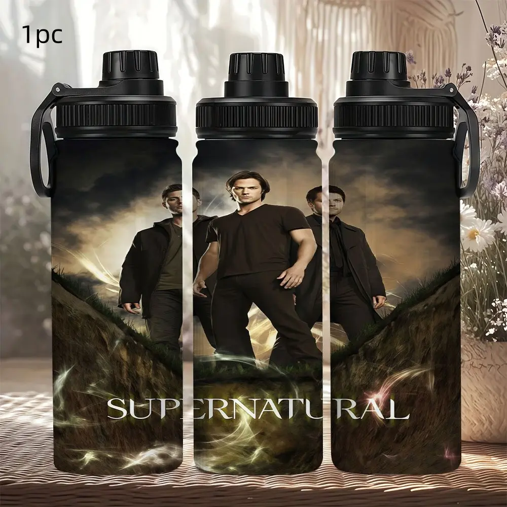 1pc 20oz 600ml 304 Stainless Steel Tumbler, Supernatural themed main poster artwork featuring Winchester brothers, wilderness terrain with magical light‑effects, dark epic atmosphere, large‑capacity portable tumbler for TV‑series fans