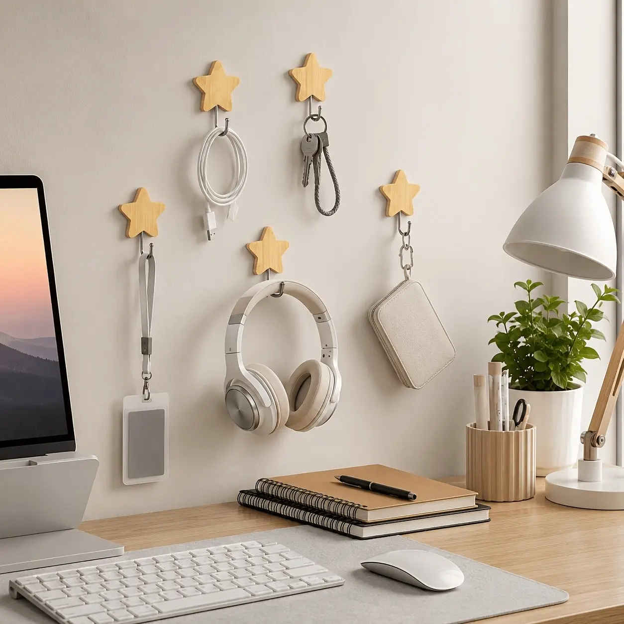 5 Pcs Self-Adhesive Wall Hanging Hooks, No Drilling Needed, Star-Shaped Wooden Hooks, Strong Adhesion, Ideal for Bathroom, Kitchen, Bedroom, Office