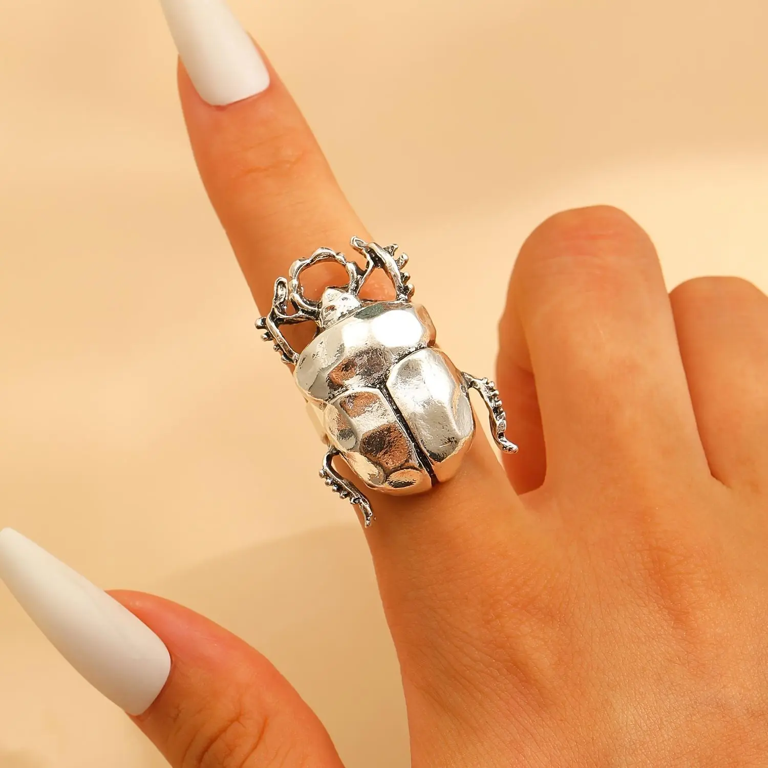 Funky Silver Metal Expanding Ring - Metal Cicada, Beetle Shape, Exaggerated Design Open Ring, Unique Creative Fashion Accessory, Unique Creative Engagement Accessory, Cicada Insect Beetle, Expanding Rings