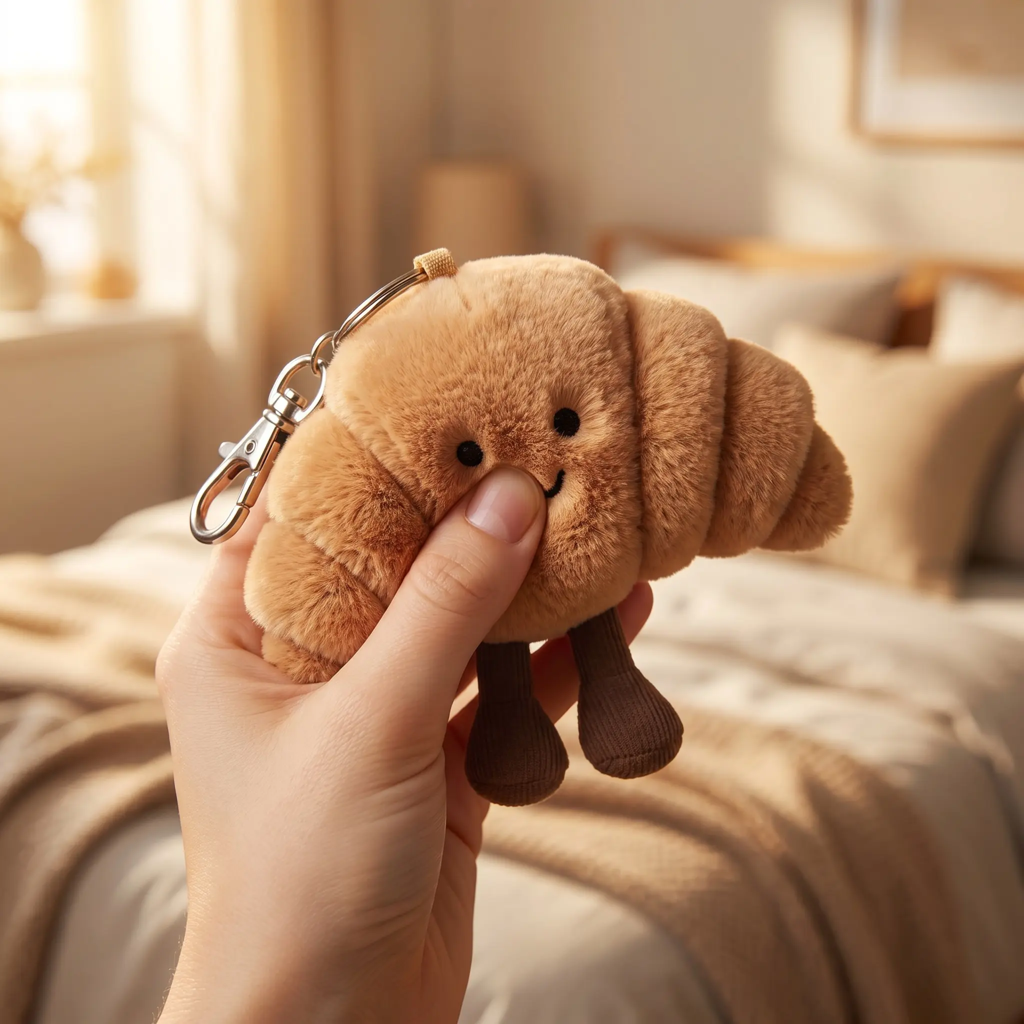 Kawaii Bread Bag Charm Keychain - Fluffy Croissant Plushie with Legs for Backpacks Purses, Kawaii Accessories Decorative Cartoon Character Bag Charm Keychains, Cute Soft Food Toy Pendant Gift for Girls, Huggable Collectible, Cute Collectible, Gift Ideas,,