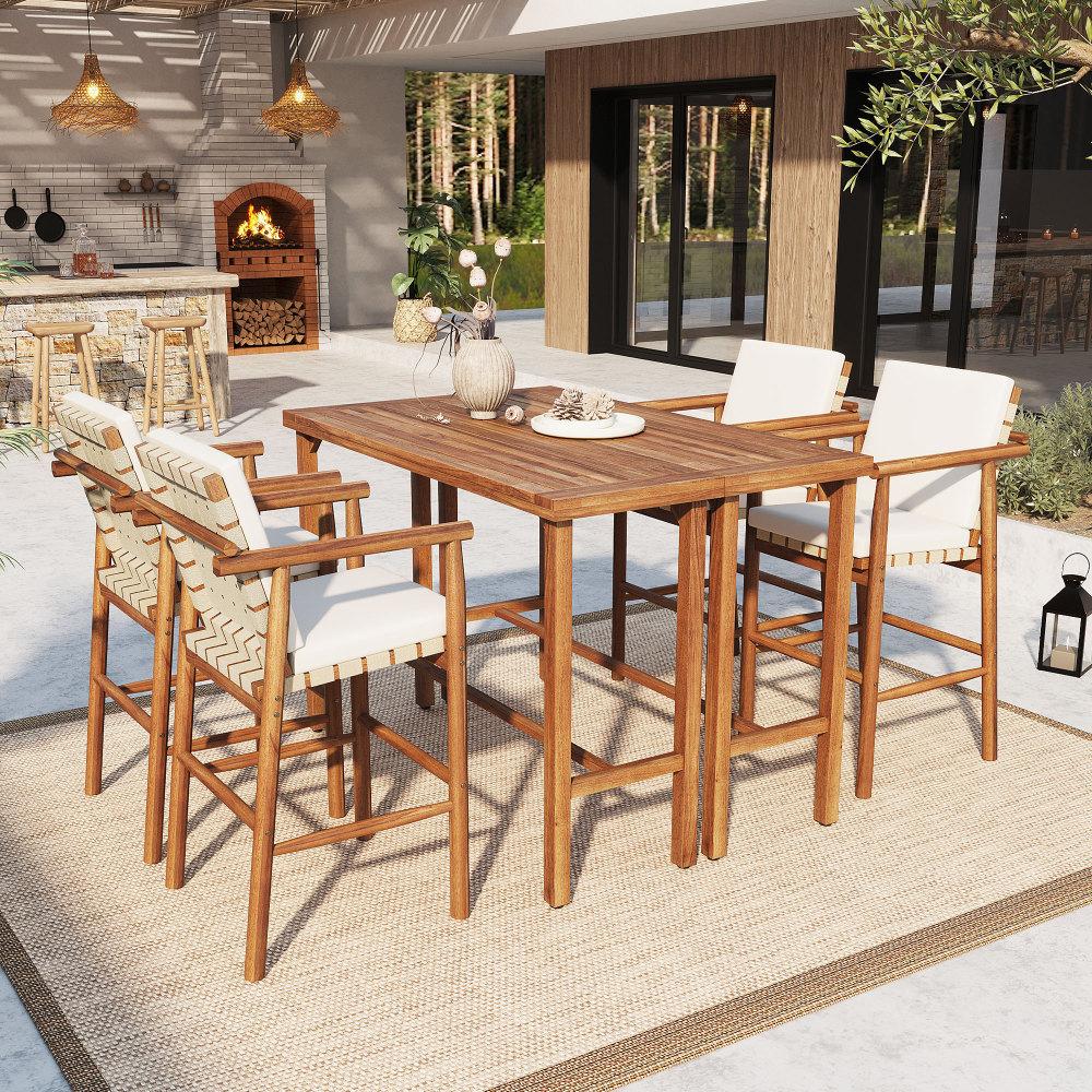 3 Piece Outdoor Bar Set, bistro Patio Acacia Wood Bar Height Table & 2 Stools with Cushions, Wood Dining Bar Set for Backyard, Poolside, Balcony, Beige Cushions