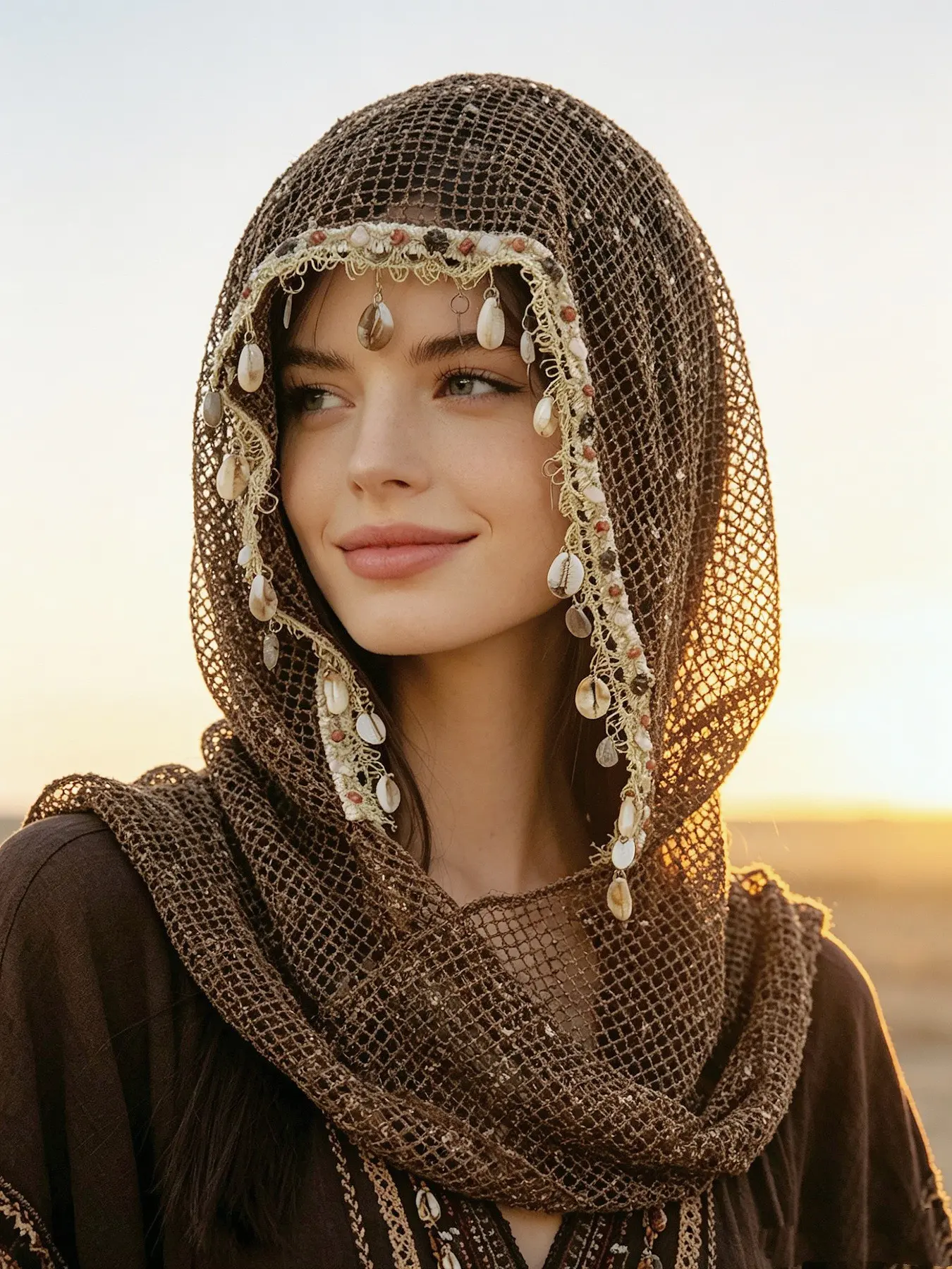 Vintage Boho Hollow Out Headscarf Hat, Handmade Shell Fringe Design, Lightweight Breathable Women's Desert Travel Fashion Accessory