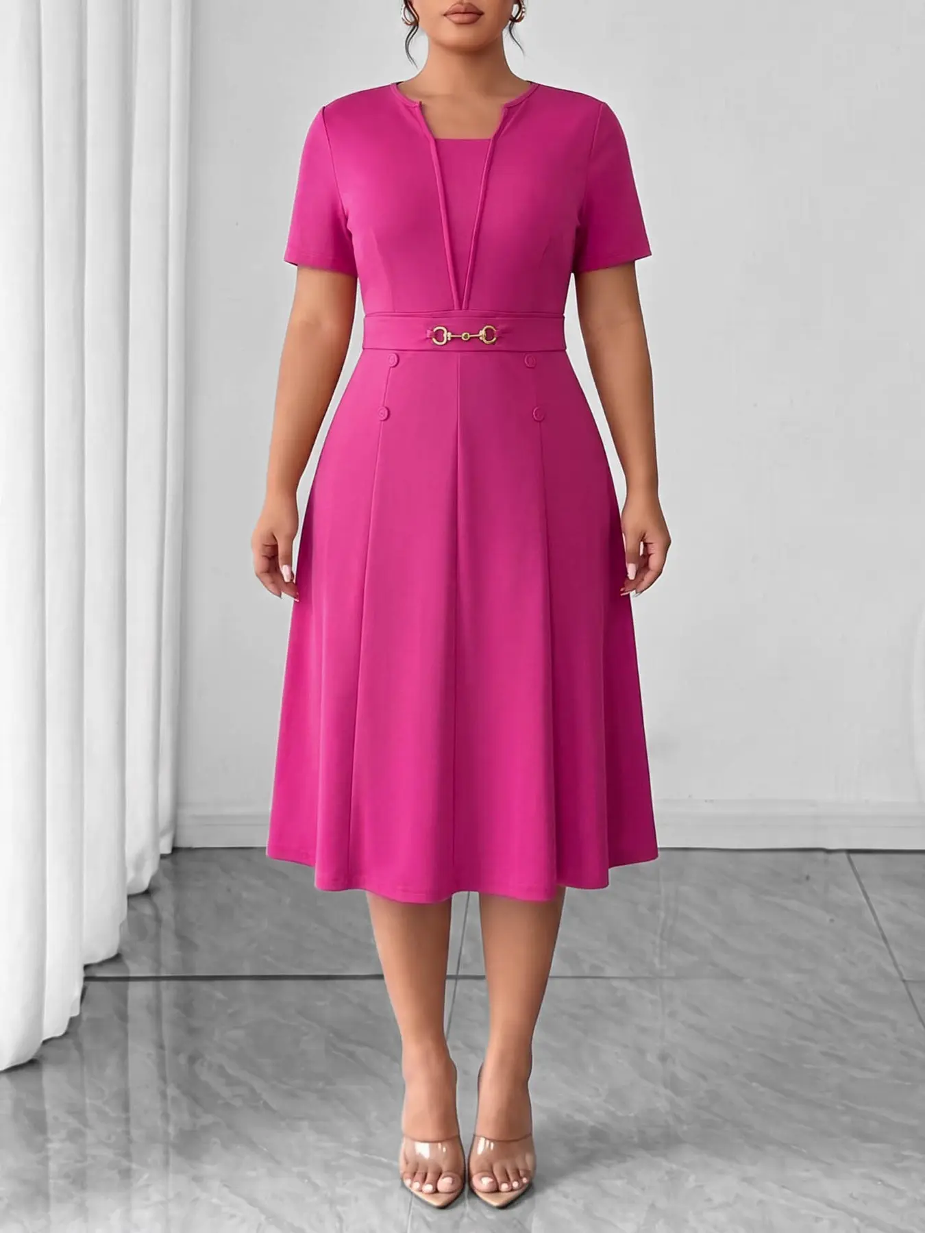 Women's Waist-Cropped Pleated Dress, Half Sleeve Simple Elegant Design, Belt, Suitable for Commuting, Dates, Retro Bright Scenes, All Seasons