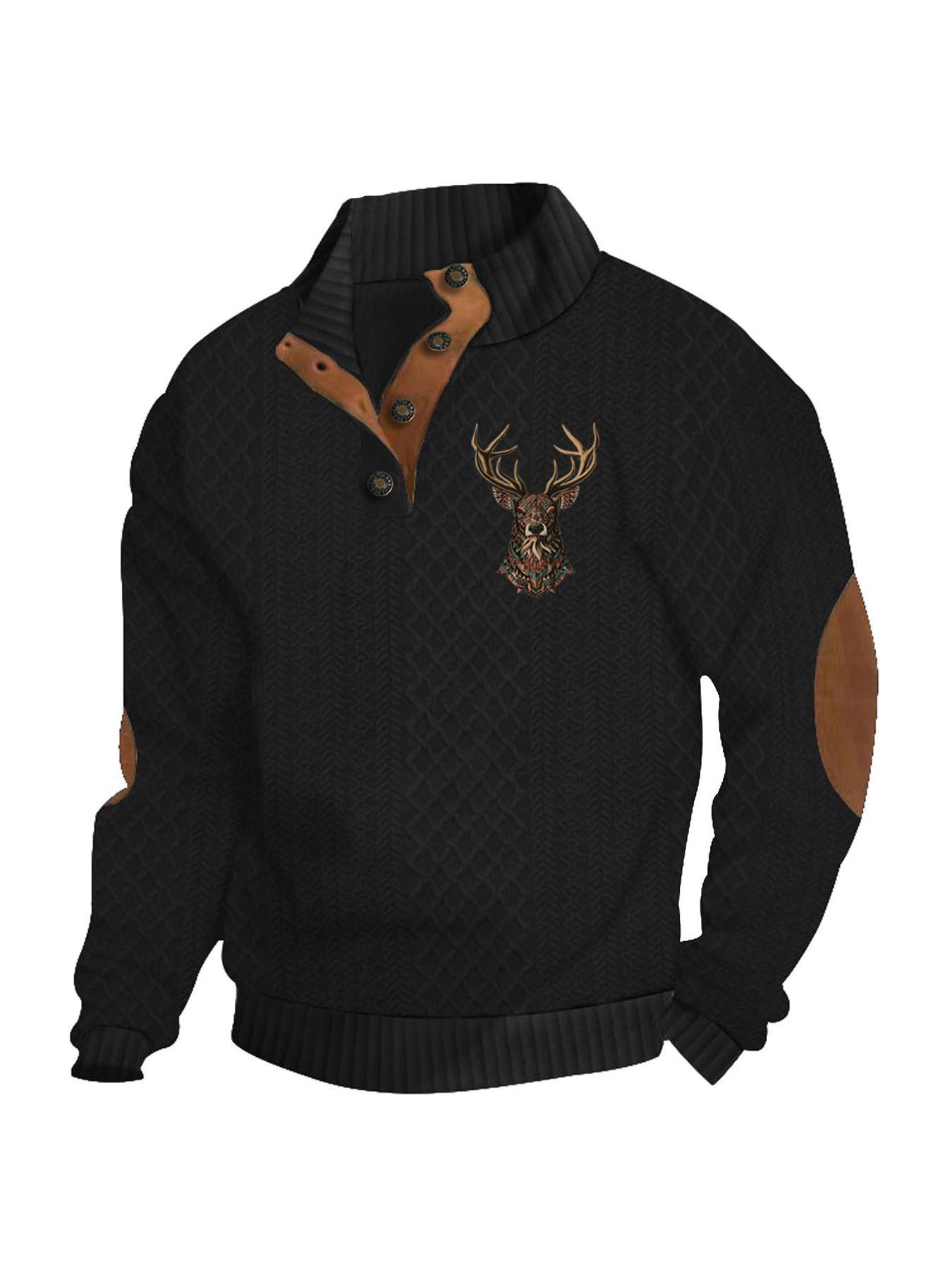 Men's Reindeer Print Patchwork Contrast Trim Jacquard Sweatshirt, Regular Fit Casual Comfy Long Sleeve Half Button Front Stand Collar Pullover for Spring & Fall, Fashion Men's Top for Daily Wear