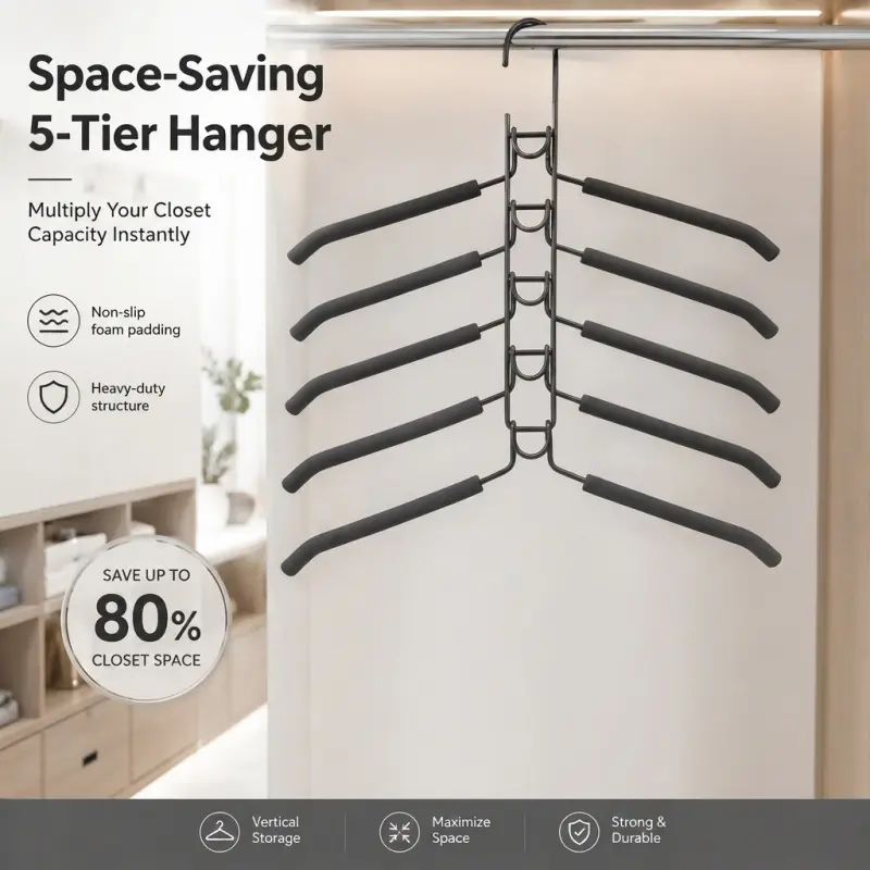 Vertical 5-in-1 Non Slip Foam Clothes Hanger, Heavy Duty Space Saver Closet Organizer for Shirts, Pants & Blouses