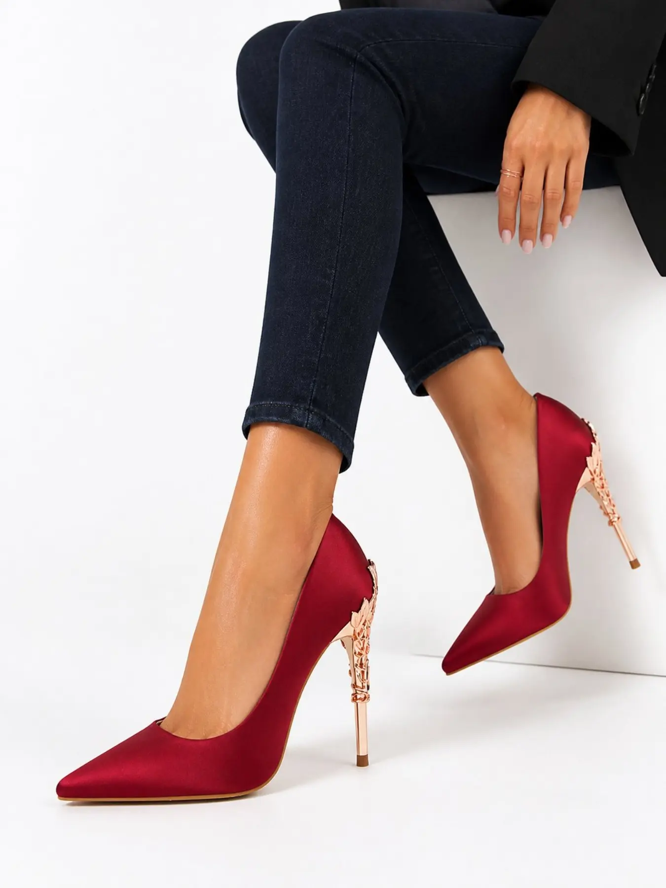 Viral best-selling light luxury red satin stiletto heels for women, featuring uniquely carved rose gold metal heels; elegant formal shoes ideal for dates, birthday parties, photoshoots, girls' gatherings and daily outings