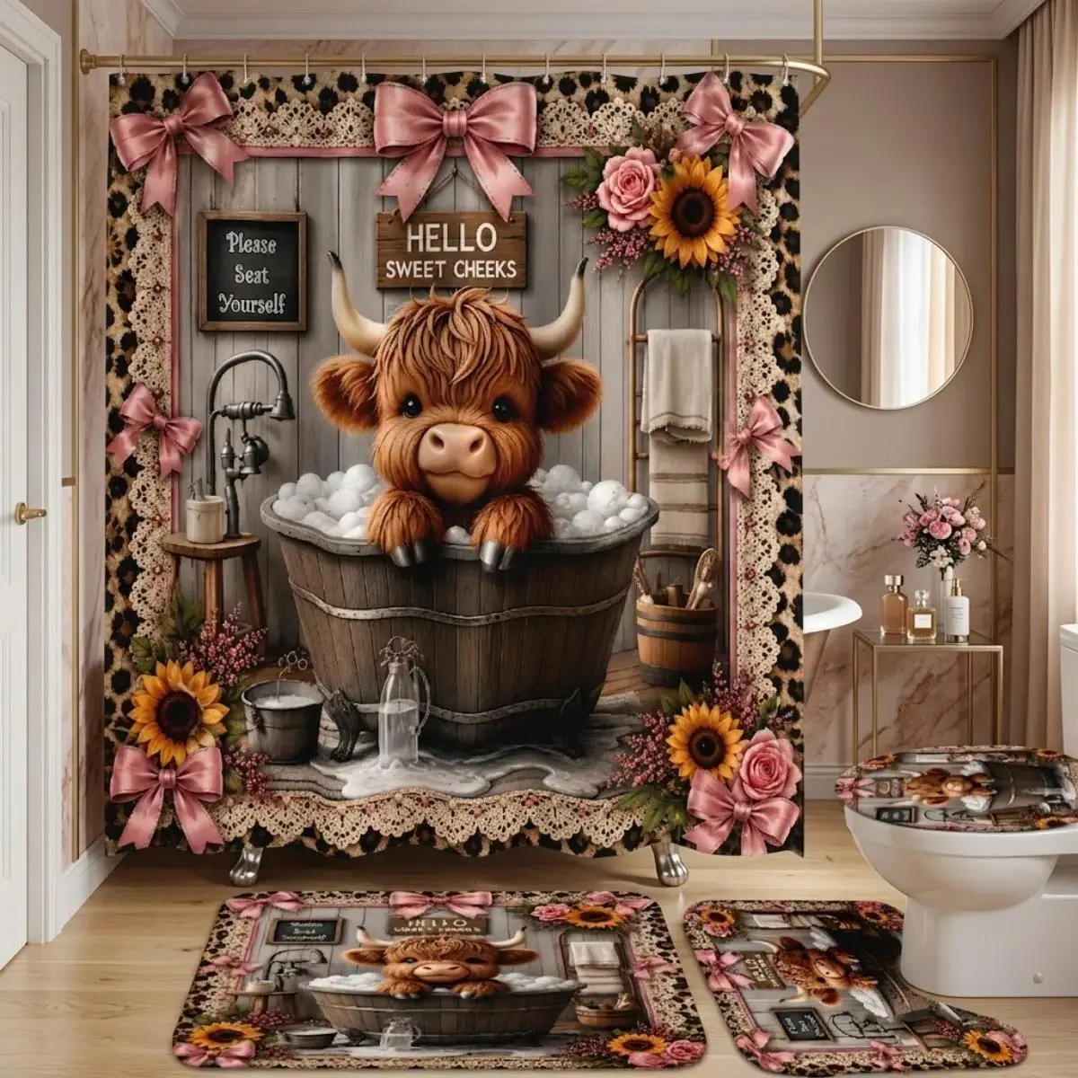 4pcs Flannel Waterproof Highland Cow Bathroom Set - 1pc Shower Curtain, Rugs, Rustic Farmhouse Sunflower Decor, Hello Sweet Cheeks Design