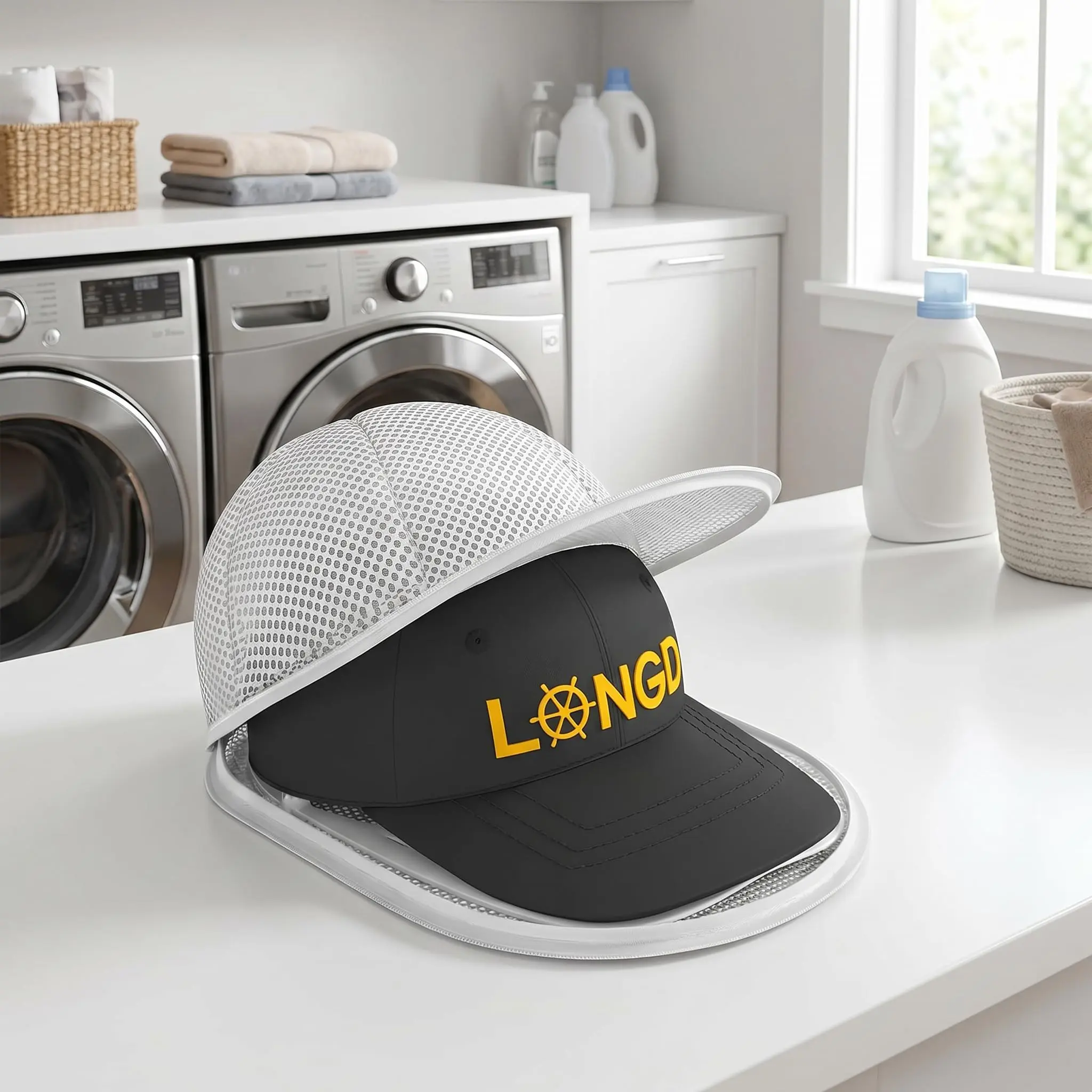 1 set(1 Cage + 1 Bag)  Hat Washer Cage Hats Cleaner, Hat Washer for baseball caps for Washing Machine or Dishwasher, Baseball Cap Washer with Mesh Bags, Ball Cap Washers Frame for Flat & Curved Hats, Fits Adult, White, Laundry