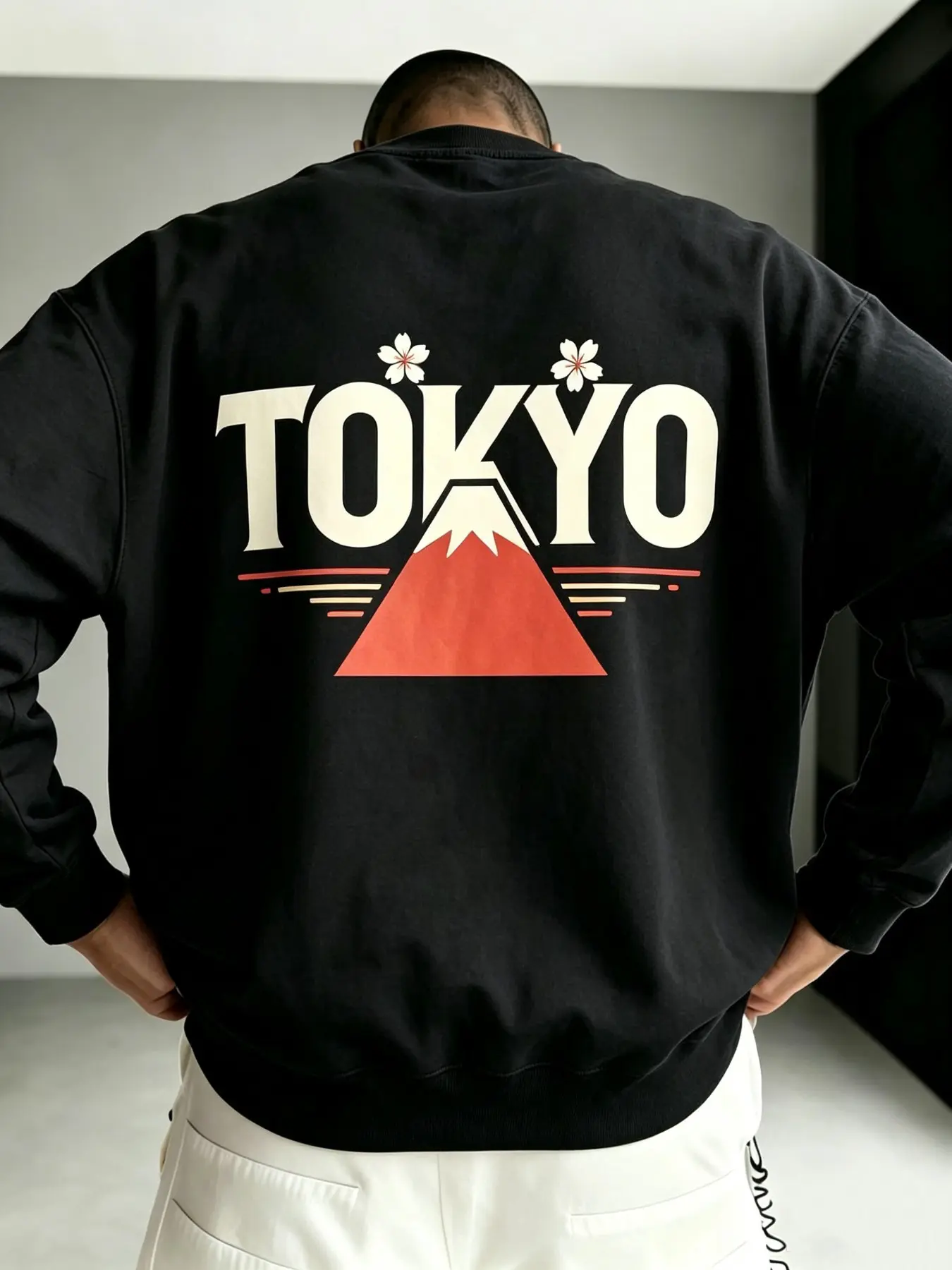 Plus size Unisex Oversized Round Neck Sweatshirt, Tokyo Fuji Mountain Cherry Blossom Print, Casual Streetwear, Loose Fit, Daily Wear, Harajuku Style