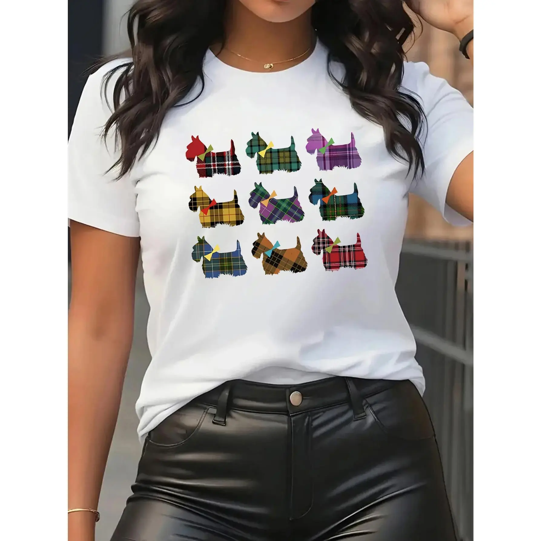 Colorful Plaid Scottish Terrier Print Women'S Casual Short Sleeve T-Shirt - Perfect for Dog Lovers, Crew Neck, Medium Stretch Fabric, All-Season Style, Dog Lover Clothing |   Playful Print Top |   Polyester Fabri