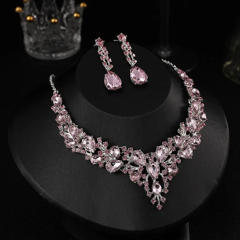 Women's 2-Piece Pink Teardrop Zirconia Bridal Accessory Set - Hypoallergenic Silver-Tone Pendant Necklace, Hook Drop Earrings, Wedding Gift Crystals Jewelry Set