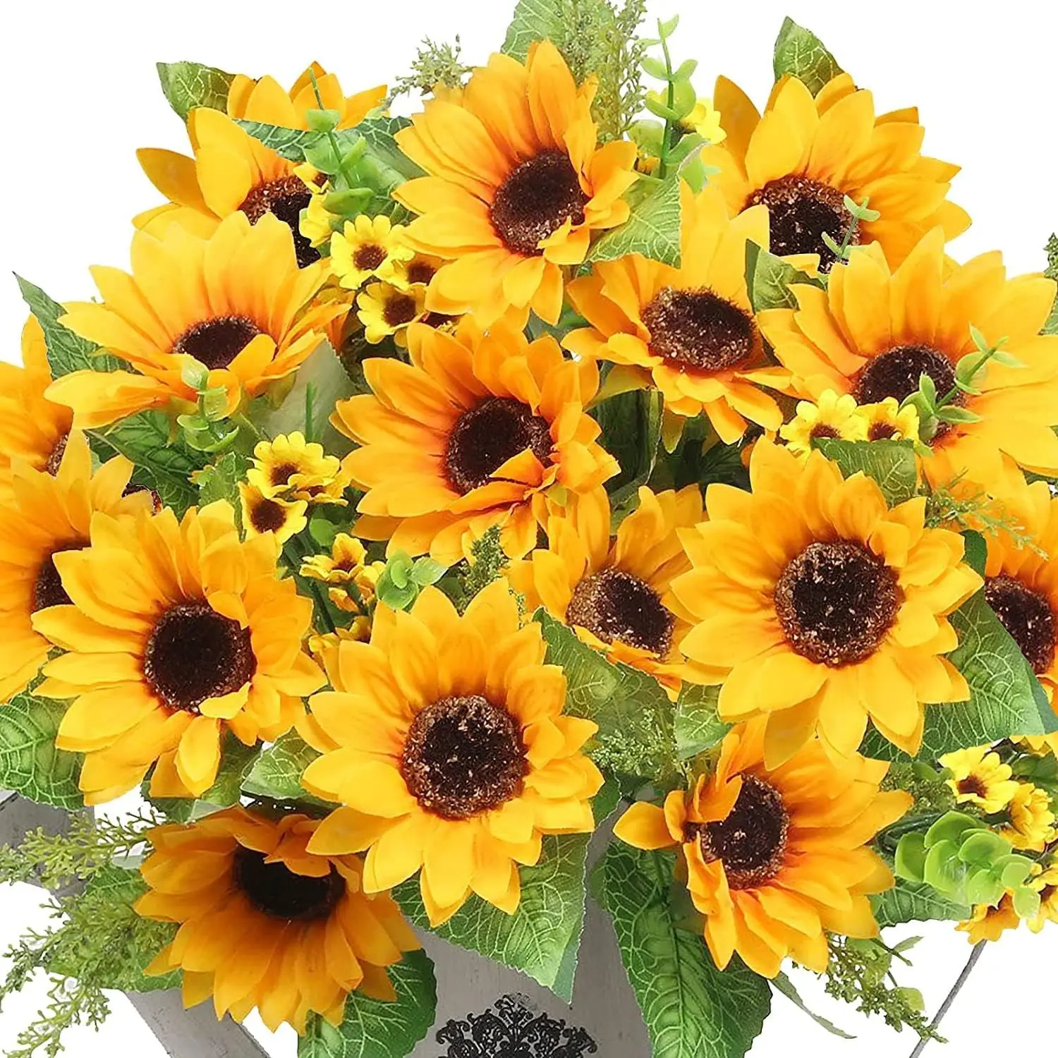 Artificial Sunflowers for Outdoors - 2 Bunches Fake Sunflower Bouquets with 14 Large Blooms, UV Resistant Silk Flowers for Home Wedding Fall Decor, Garden Party Centerpieces, 17.7 Inches