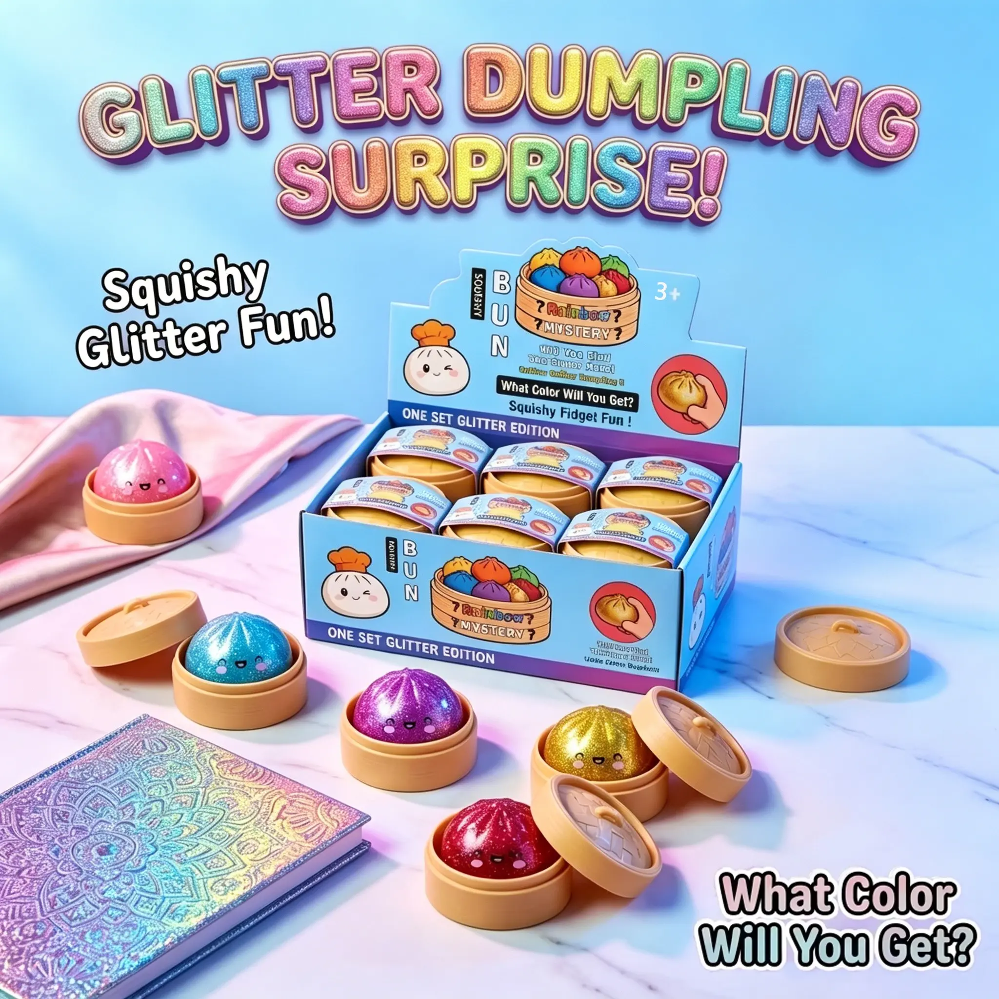 Ultra Rare Gold Glitter Hidden Edition Glitter Dumpling Squishy - Soft TPR Dough Ball with Steamer, Vibrant Sensory Stress Relief Toy, DIY Paint by Numbers Kit, Fun Squeezing Experience for Friends & Family at Home, Steamed Bun Squishy, Decompression Squi
