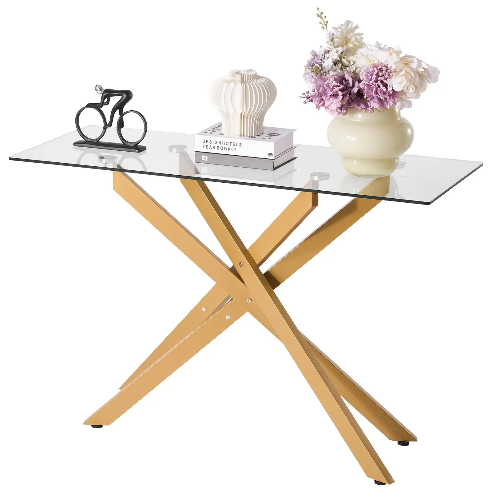 【DealsForYouDays】VEVOR Glass Coffee Table, Modern Rectangle Sofa Side Table with Tempered Glass Top Iron Cross-Legs, Golden Geometric Consloe Desk with Adjustable Anti-slip Foot Pads for Living Room, Entryway, Foyer