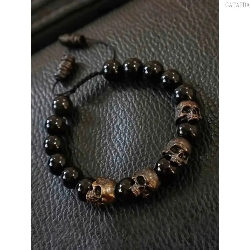 Unisex Vintage Gothic Skull Beaded Stretch Bracelet, Adjustable Punk Wrist Chain for Street Party, Daily Matching Punk Accessories Jewelry, Bracelets