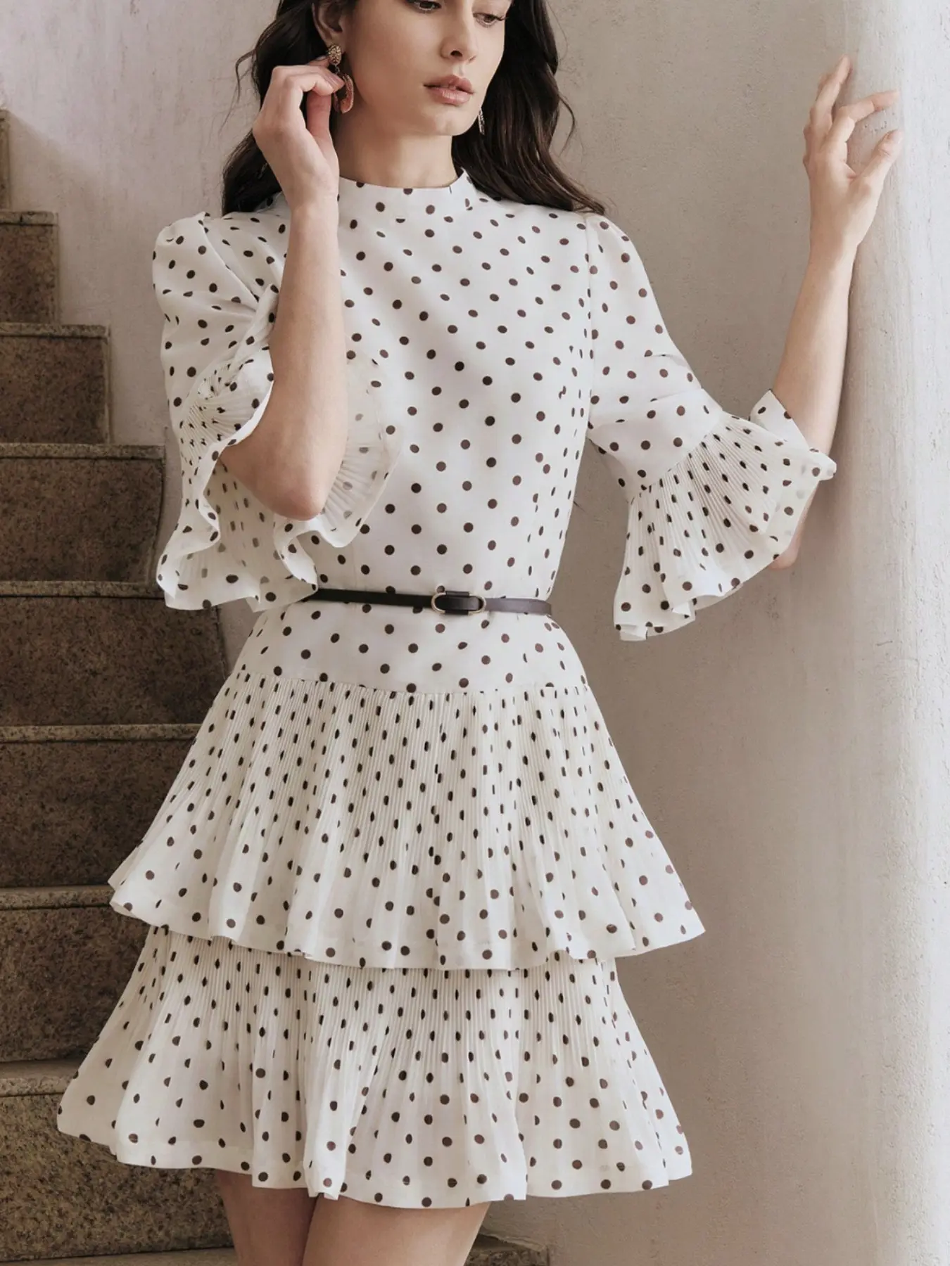 French Vintage Polka Dot Dress, Waist Cinch Slimming Bell Sleeve Cake Skirt, Soft Style Elegant Chic Feminine Short Dress, Women's Fashion Clothing