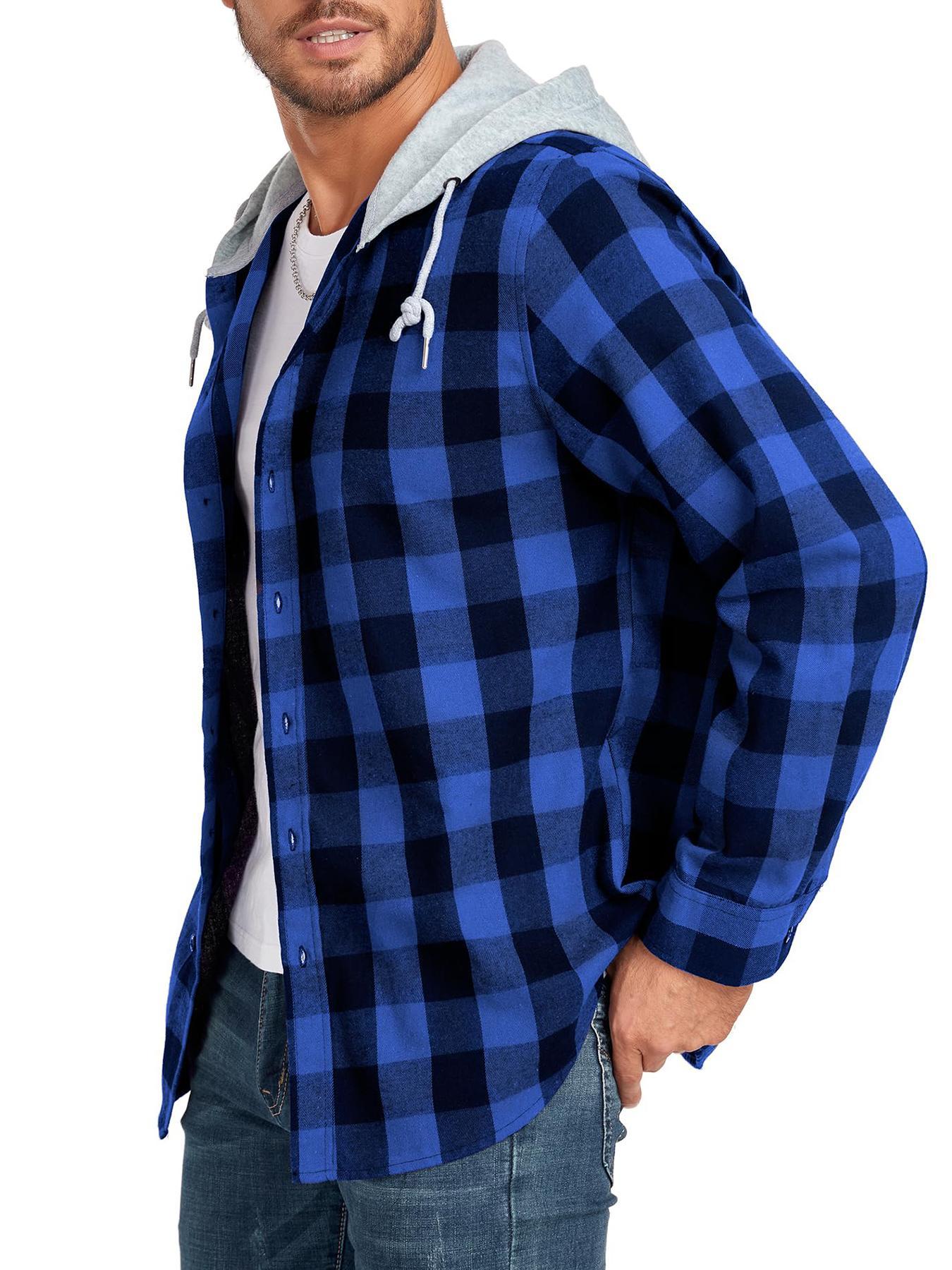 [Plus Size] Plaid Gingham Checkered Patchwork Button Front Hooded Jacket, Casual Streetwear Regular Fit Long Sleeve Drawstring Pocket Outerwear for Fall & Winter, Men's Clothes for Daily Wear Checked Fitted