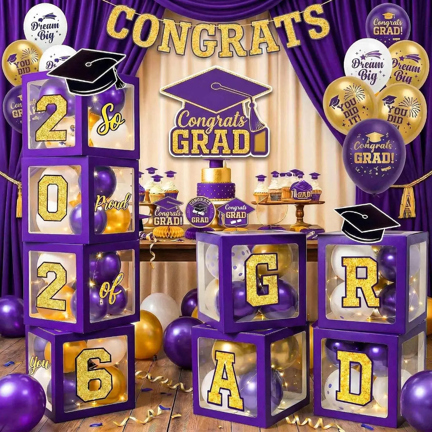 Graduation Decorations Class of 2026  and  Balloon Boxes and Arch Garland Kit for High School & College, Congrats Grad Table Decorations with 4 String Lights, GRAD So Proud of You Letters