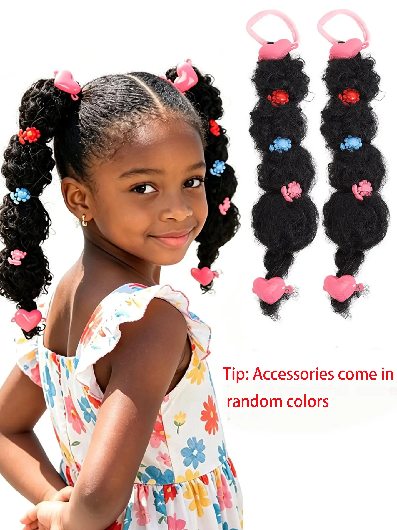 2pcs/Set African American Girls' Curly Ponytail Clips, Colorful Flower Decor Ponytail Bun Scrunchies, Random Color Hair Accessories For Kids, Cute Hair Accessories, Hairstyle Accessory