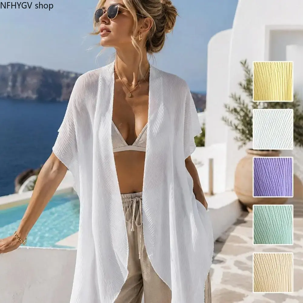 Women's Crinkle Beach Cover Up Cardigan, Lightweight Solid Color Sun Protection Bikini Outer Shirt, Trendy Resort Layer For Beach Trips Pool Days Vacation And Coastal Styling