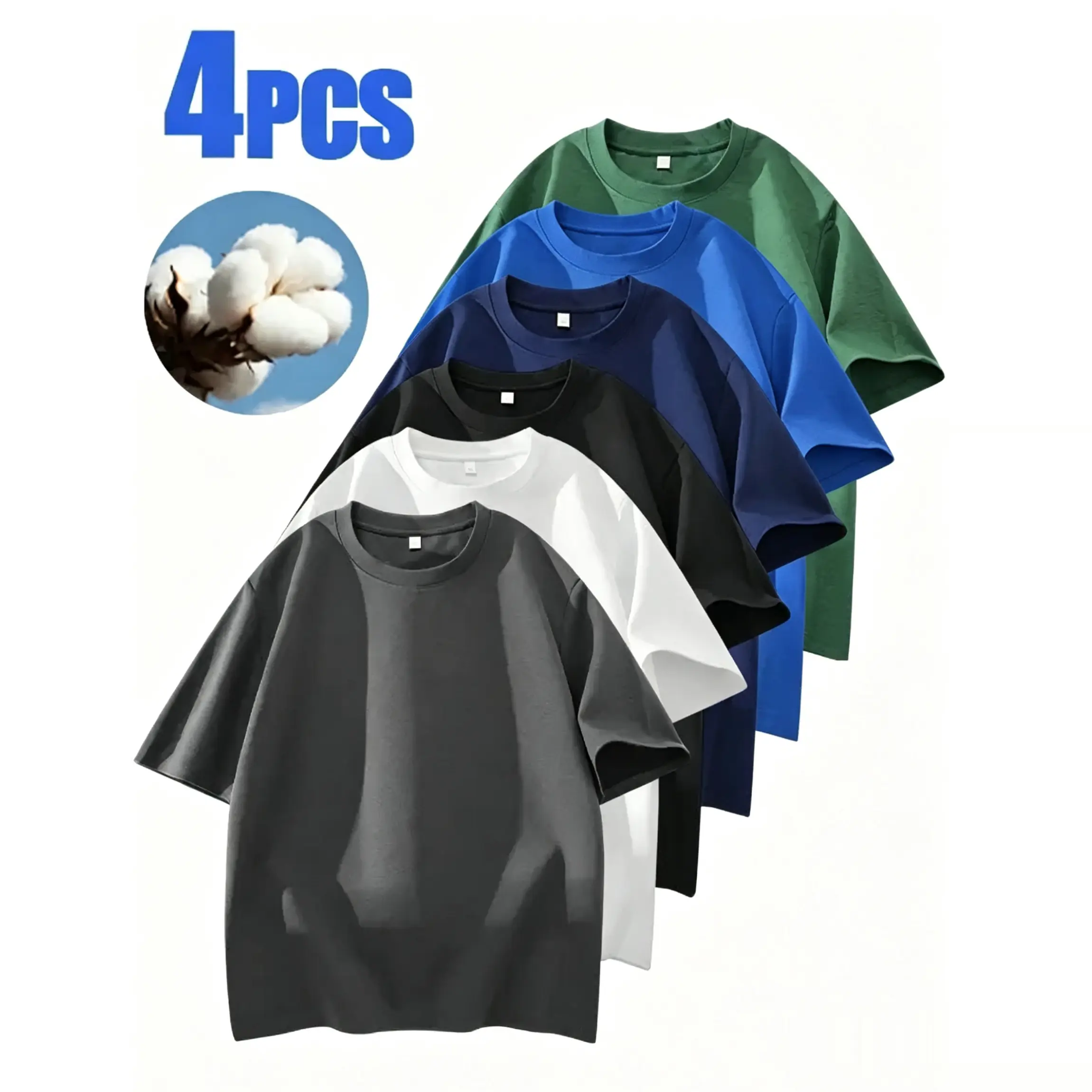 Men's  100% cotton Crew Neck T-Shirts Set - Soft Loose Fit Navy Gray Black Tees for Casual Daily Wear