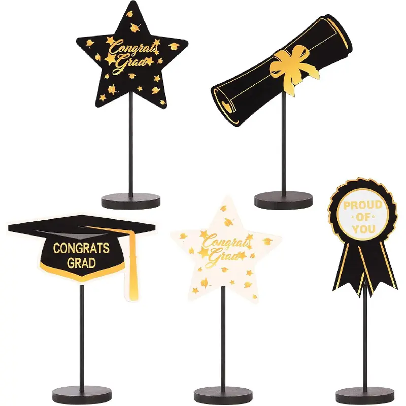 2026 Graduation Decorations, 5Pcs Black Gold White Wooden Table Centerpieces Decor Include Grad Cap Diploma Star Supplies Medal Sign, of Congrats Graduation Day Class Party Decoration.