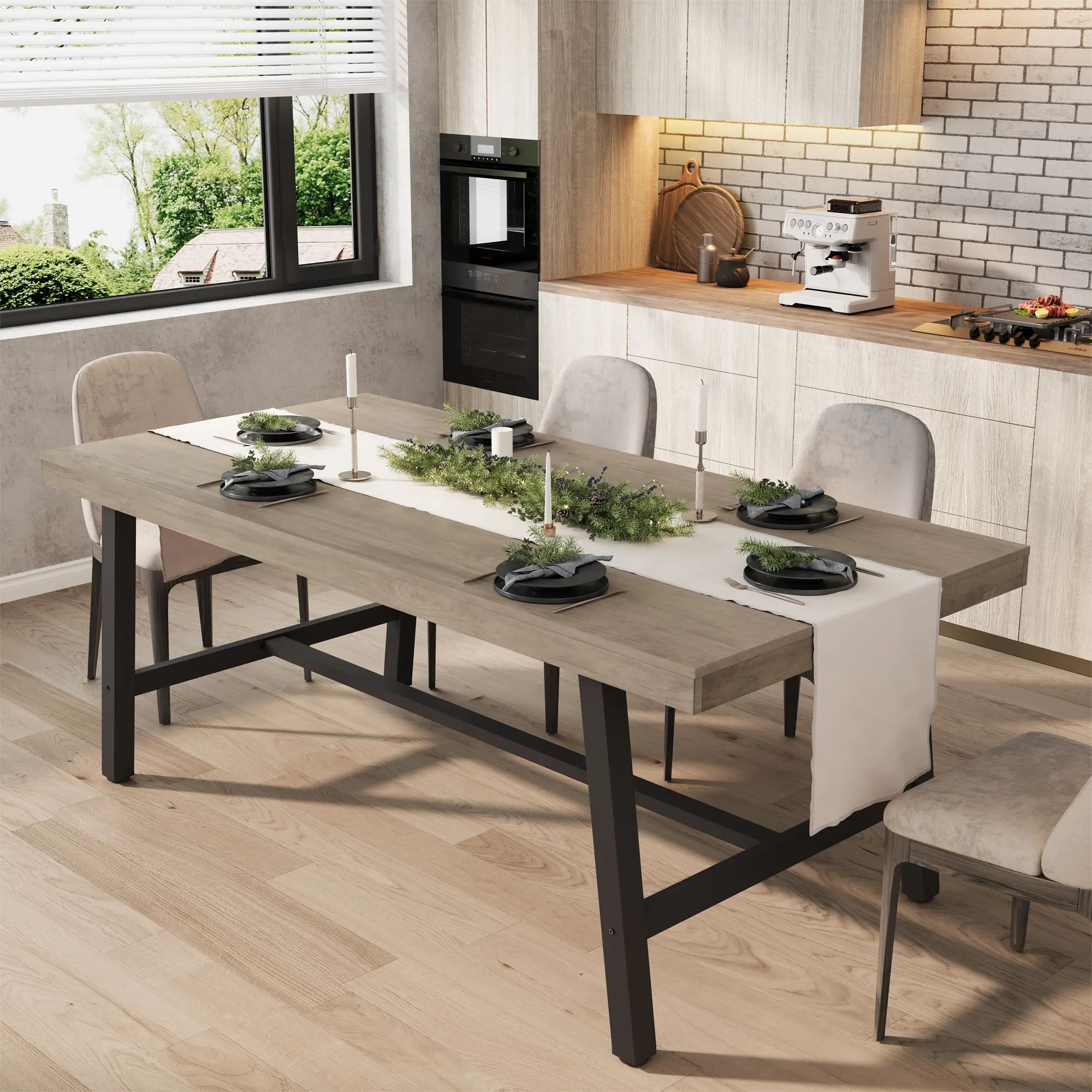 Industrial Dining Table for 6-8 – 70.87'' Rectangular – Modern Grey Walnut Wood Top – Heavy-Duty Black Metal Legs – Kitchen & Dining Room Table – Easy Assembly