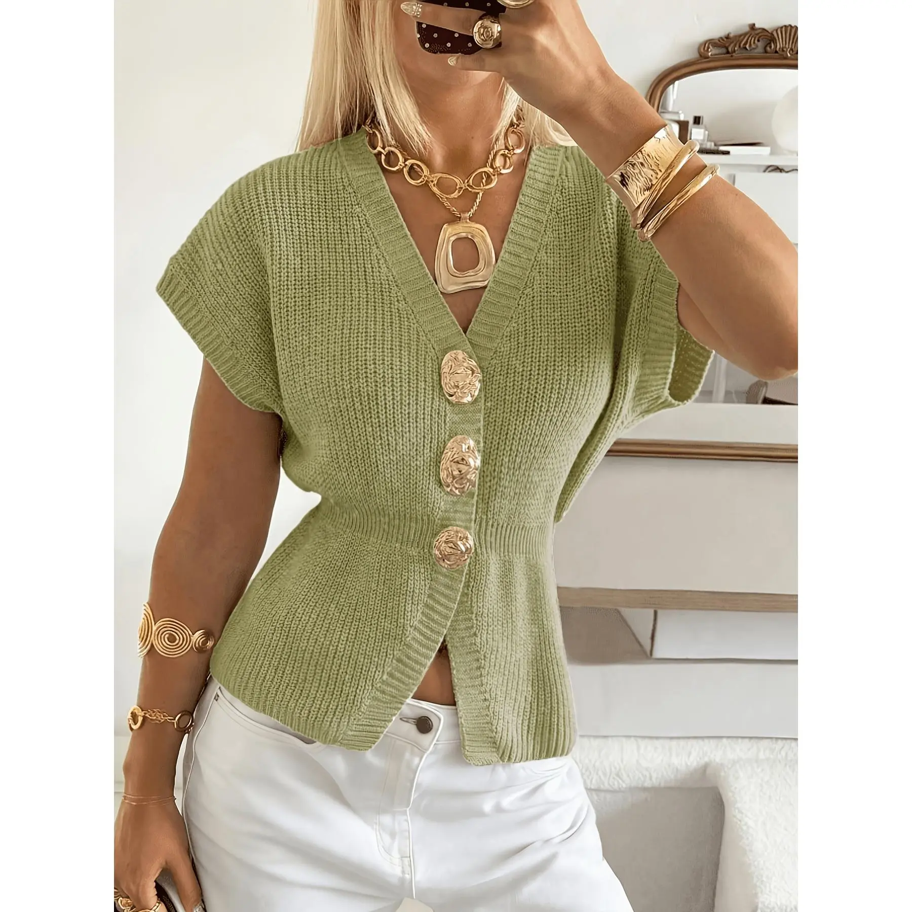 Women's Knit Polyester Skinny Fabric Metal Button Sleeveless Cardigan Vest, New Style Spring-Summer Jacket, Vests