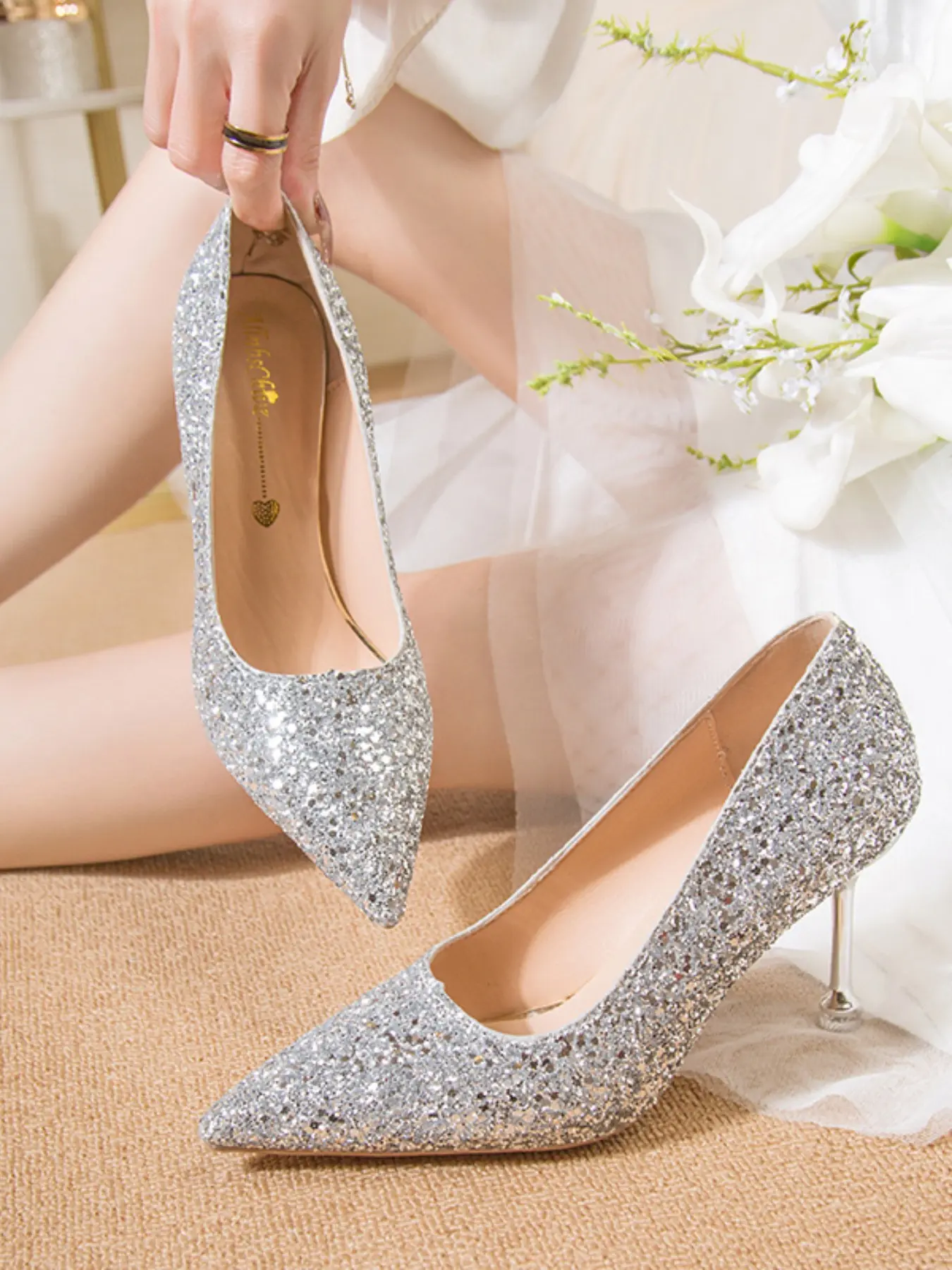 Women's Elegant Sequin Pointed Toe High Heel Shoes, Bride Wedding Party Hostess Versatile Crystal Pumps, Daily Wear Office Shoes