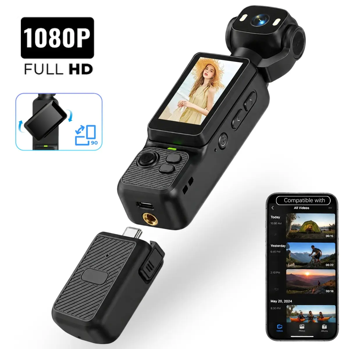 90° Flip Screen 1080P Vlog Camera, 270° Rotatable Selfie Lens, Integrated LED, Battery Handle – Handheld POV Action Camera with Fast WiFi, Great for TikTok, Outdoor Adventures & Content Creators.