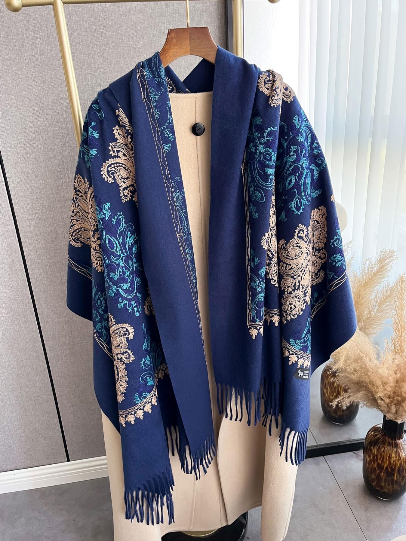 Boho Style Plant Embroidery Double Sided Scarf, Casual Soft Warm Fringe Trim Floral Embroidered Shawl for Women & Men, Fashion Accessories for Daily Wear