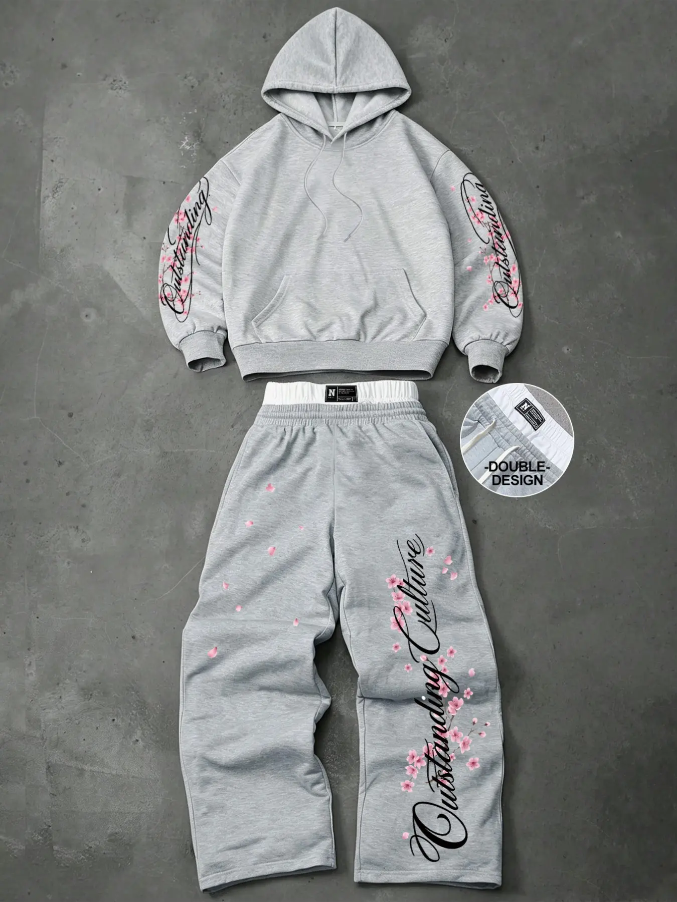 Y2K Japanese Streetwear Cherry Blossom Print Hoodie and Sweatpants Set - Men's Oversized Double Waistband Tracksuit 2 Piece Co-ord Set for Daily Casual & Street Fashion