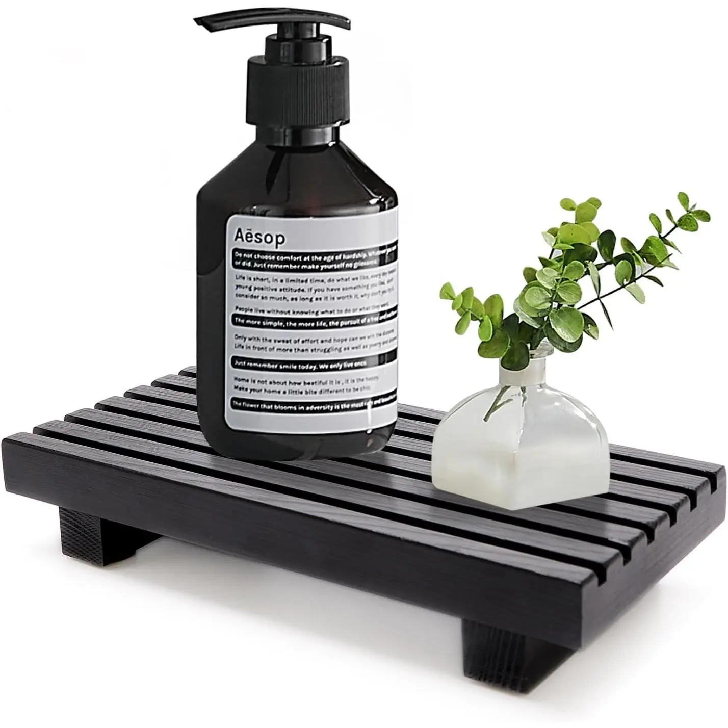 Small Black Smooth Wooden Bathroom Decor Tray (8.7x4x1.6 inch) - Guest Bathroom Counter Tray, Kitchen Sink Pot Holder, Synthetic Soap Dispenser Riser, Sponge Organizer Home Accessory, Living Room