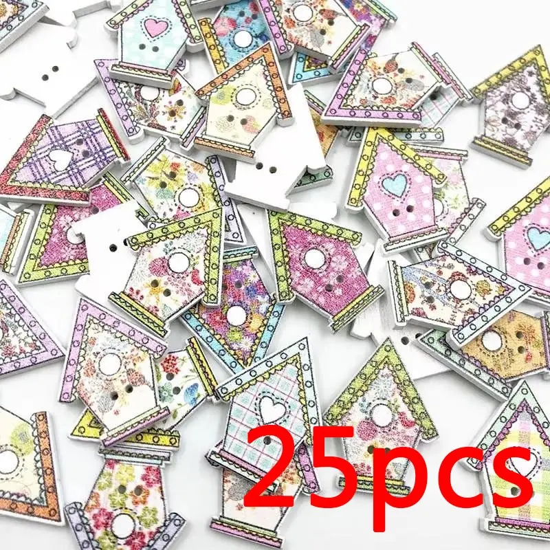 25pcs Random Wooden Buttons, Cute Multicolor Mini House Shape Buttons, 2-Hole Hand Sewing, Creative DIY Craft Supplies