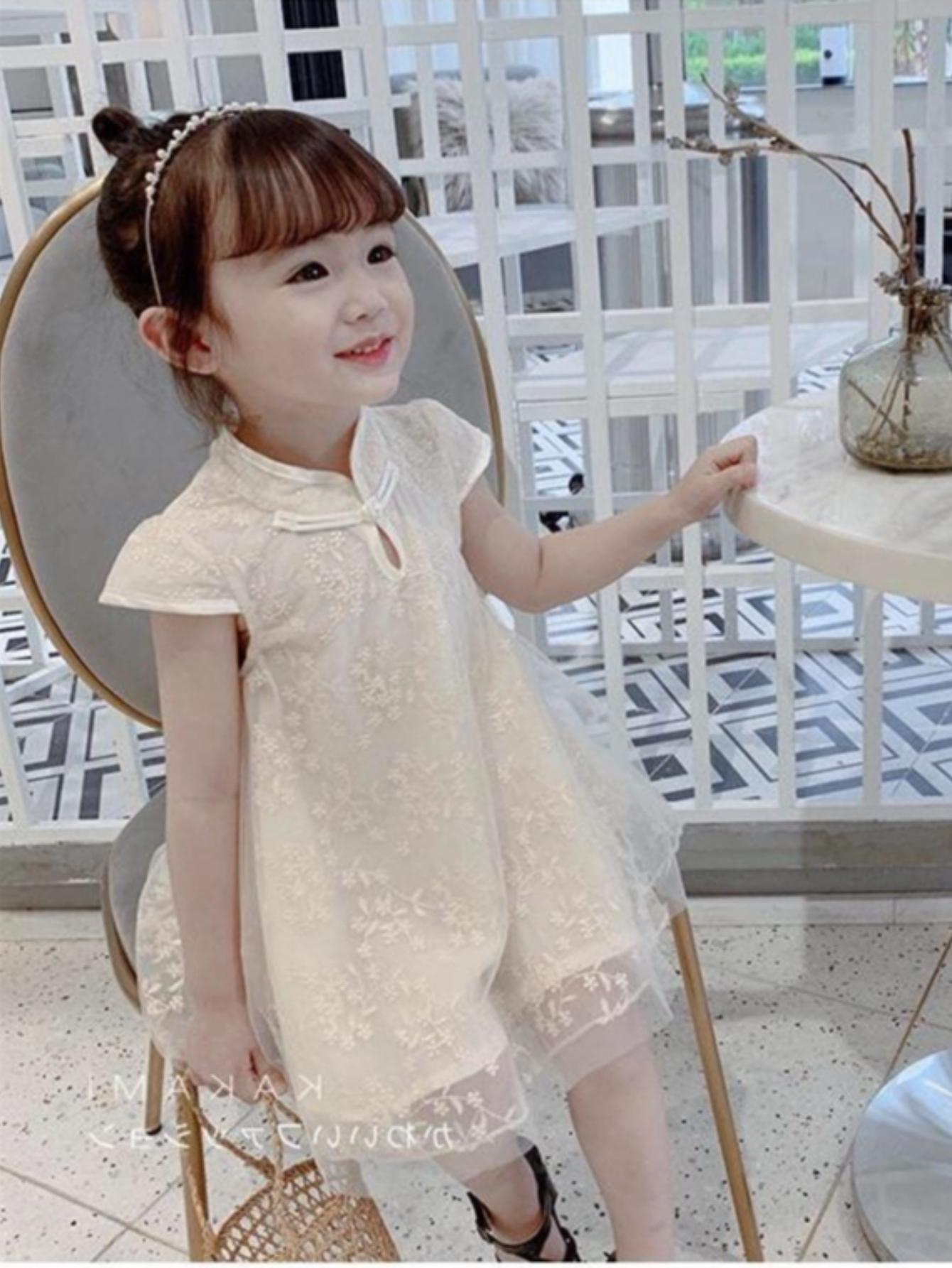 NewGirls' Clothing New Chinese Style Cheongsam Mesh Dress Summer Clothing Cheongsam Dress Princess Dress Loose Girl Dress, Simple and Generous Fashion Classic Casual Versatile, Outdoor Activities, as Gifts, Daily Parties