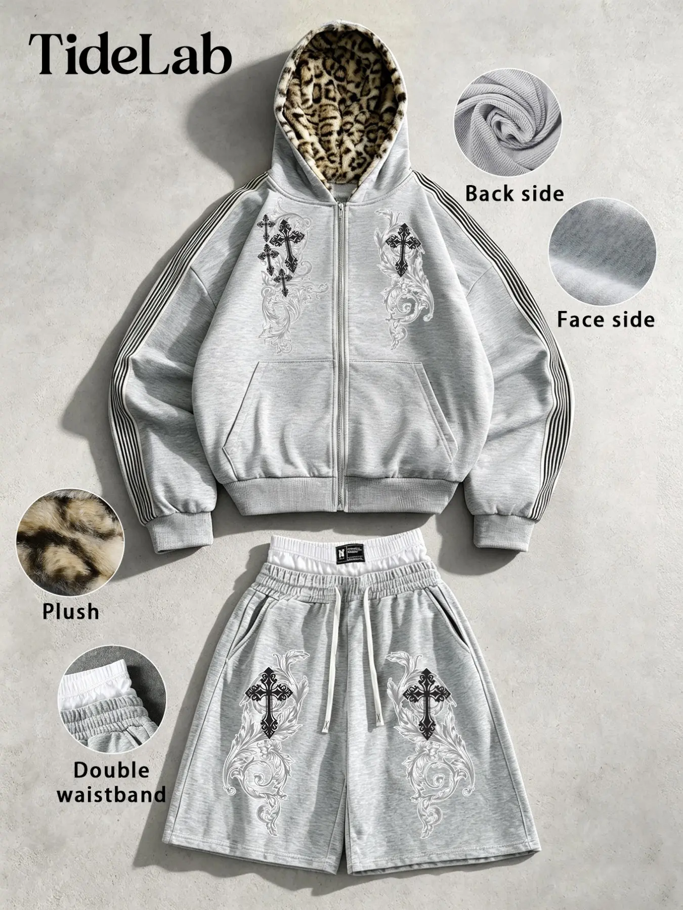 Unisex Retro Cross Hoodie Set, Leopard Print Lining, Zip-Up Cardigan, Striped Sleeves, Dual-Layer Waist Shorts, American Style