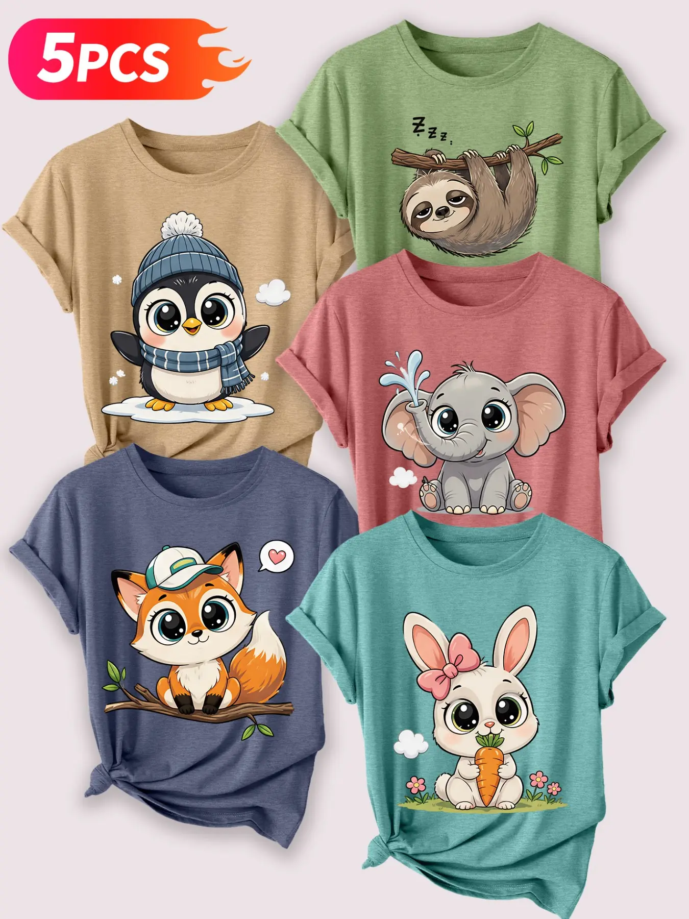 5Pcs Women Crew Tee, Round Neck, Chibi Cartoon Animals Print, Animal Shirt, multi-color, washable, soft comfy summer top, Casual
