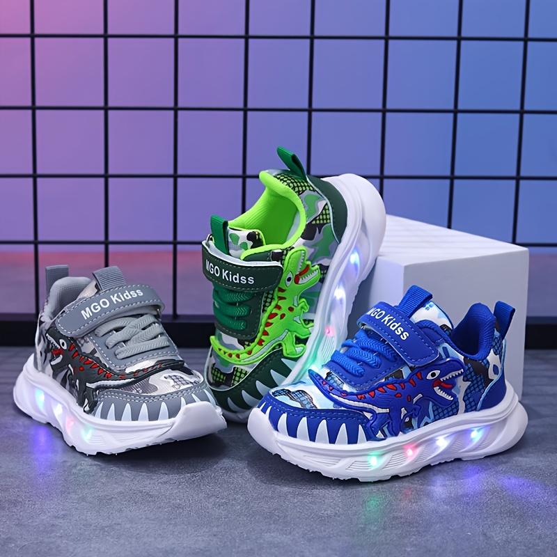 Youngsters' LED Dinosaur Sneakers - Boys' Glow-in-the-Dark T-Rex Sneakers with Flashing Lights, Camouflage & Solid Patterns, Hook-and-loop Fastener Closure, Ages 1-6, Perfect for Casual Play,  Dinosaur Themed Shoes |         Durab High Top Kid