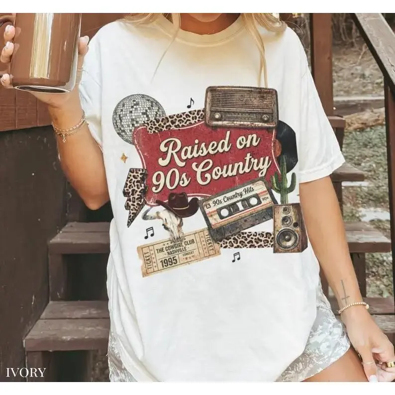 Raised on 90s Country Shirt - Vintage Nashville Cowgirl Graphic Tee, Retro Country Music Concert T-Shirt, Pepper Charcoal Texas Scrapbook Gift for Her