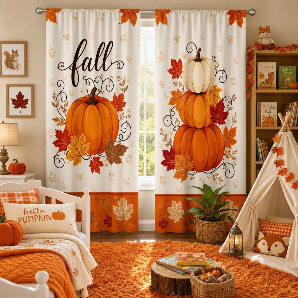 2pcs Autumn Harvest Pumpkin Maple Leaf Curtains Fall Letter Printed American Autumn Atmosphere Bedroom Living Room Dining Room Kitchen Universal Semi blackout Curtains